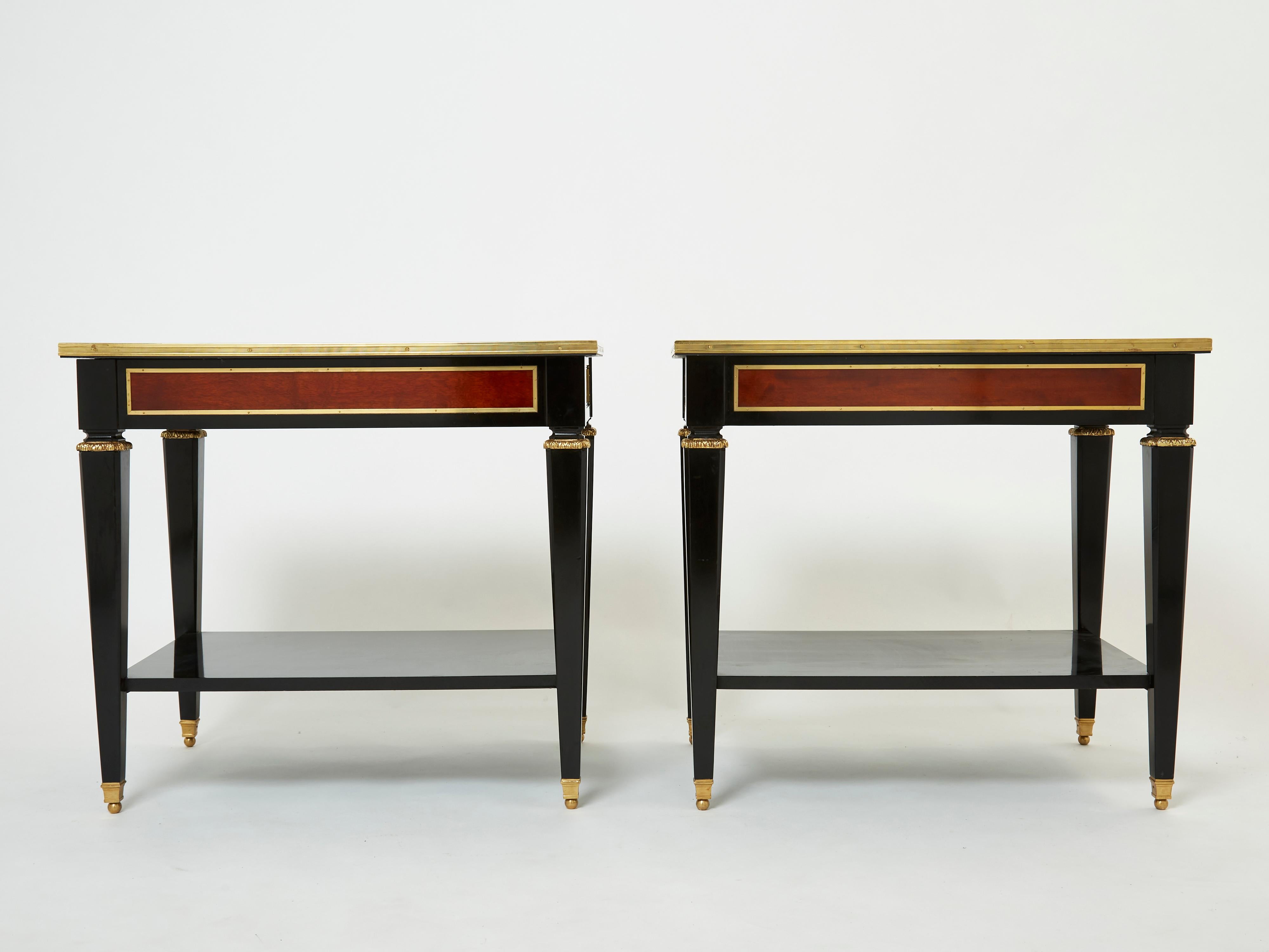 Pair of Maison Jansen Black Wood Mahogany Brass End Tables, 1950s 8