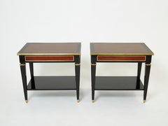 Pair of Maison Jansen Black Wood Mahogany Brass End Tables, 1950s