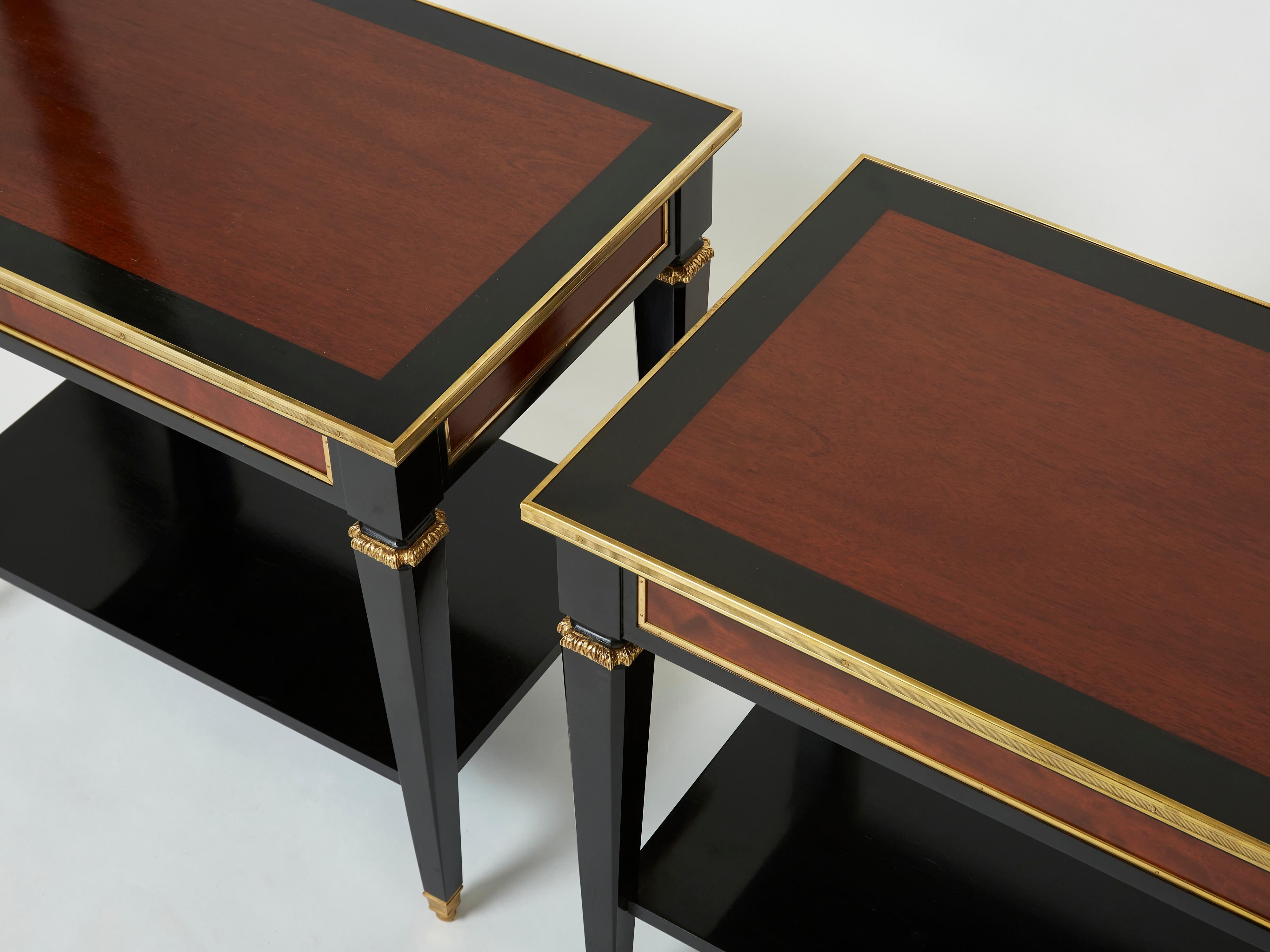 Neoclassical Pair of Maison Jansen Black Wood Mahogany Brass End Tables, 1950s