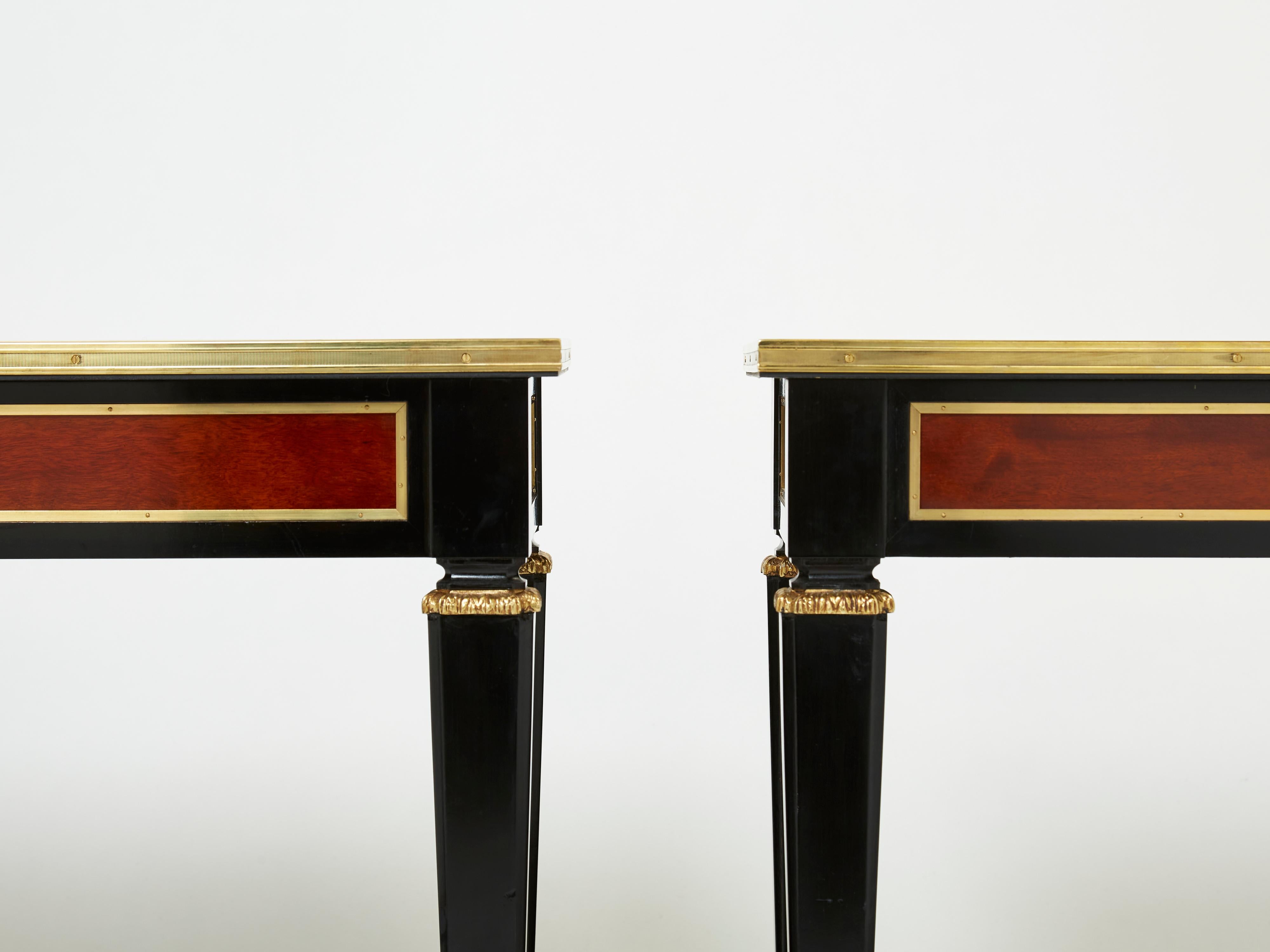 Pair of Maison Jansen Black Wood Mahogany Brass End Tables, 1950s In Good Condition In Paris, IDF
