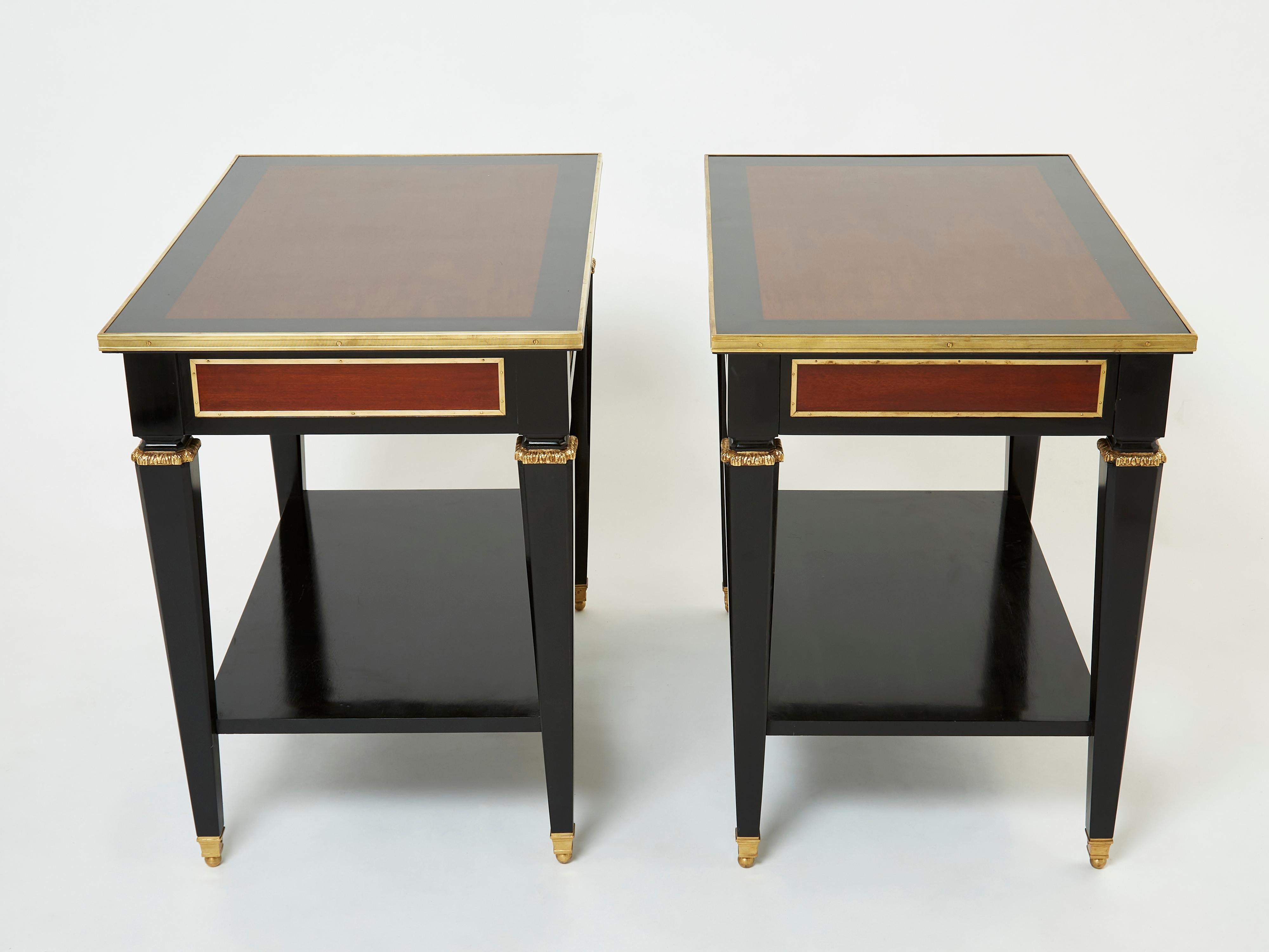 Late 20th Century Pair of Maison Jansen Black Wood Mahogany Brass End Tables, 1950s