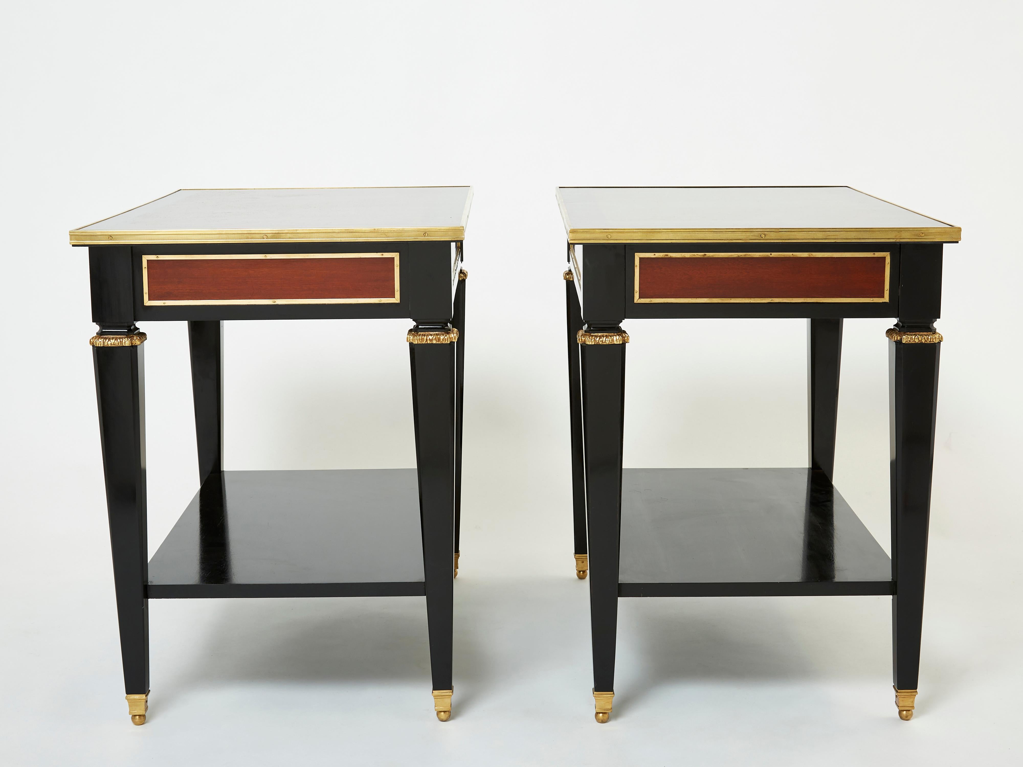 Pair of Maison Jansen Black Wood Mahogany Brass End Tables, 1950s 1
