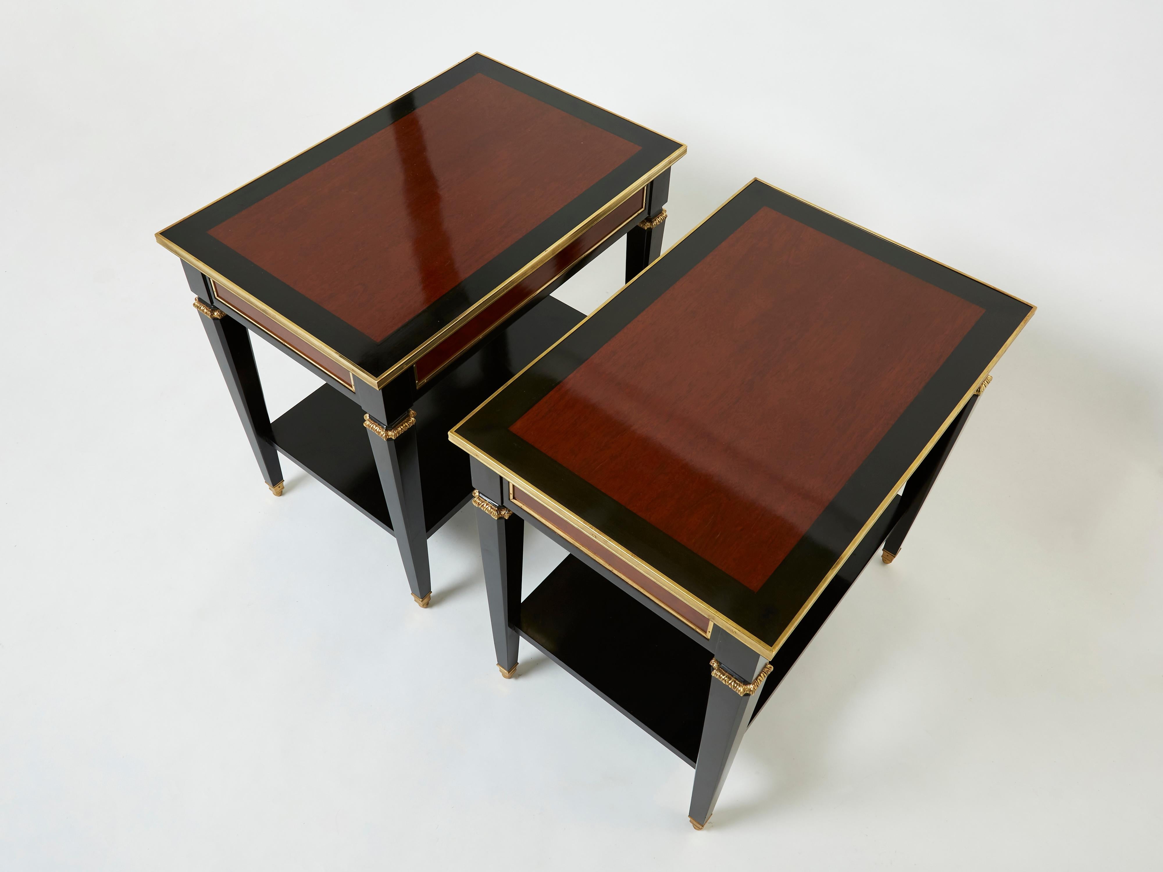 Pair of Maison Jansen Black Wood Mahogany Brass End Tables, 1950s 2