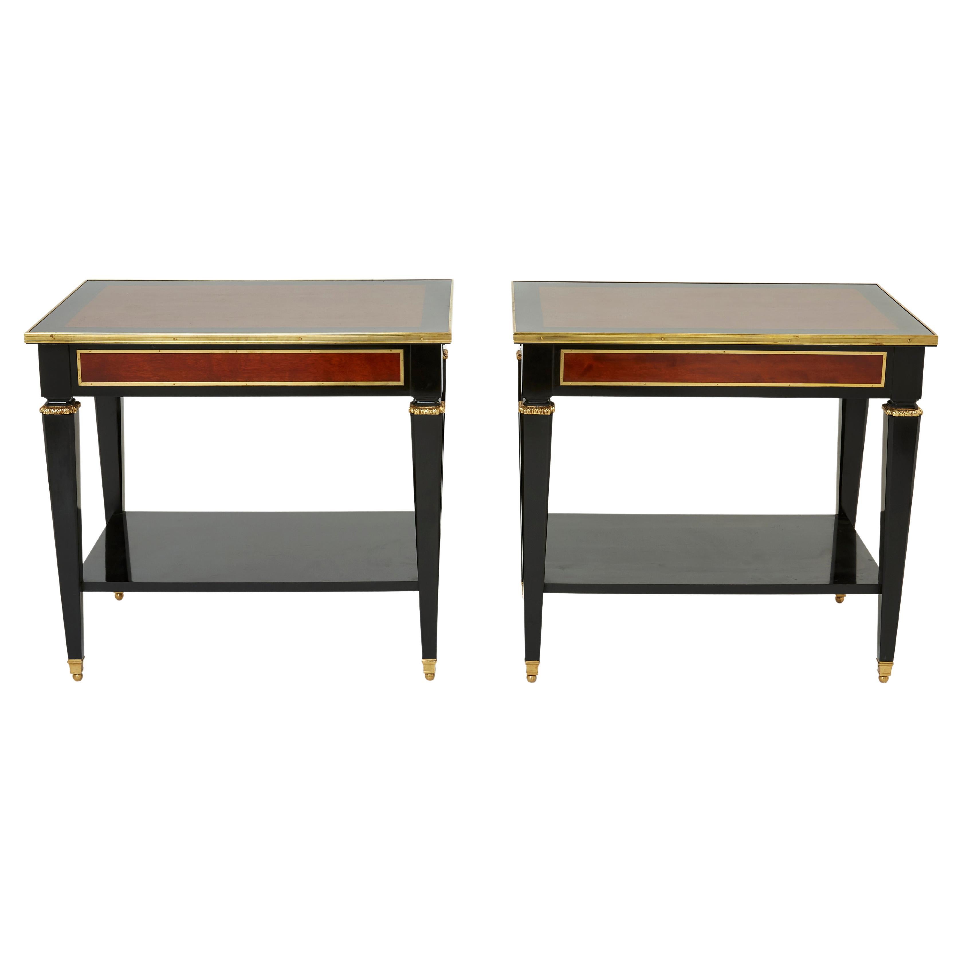 Pair of Maison Jansen Black Wood Mahogany Brass End Tables, 1950s