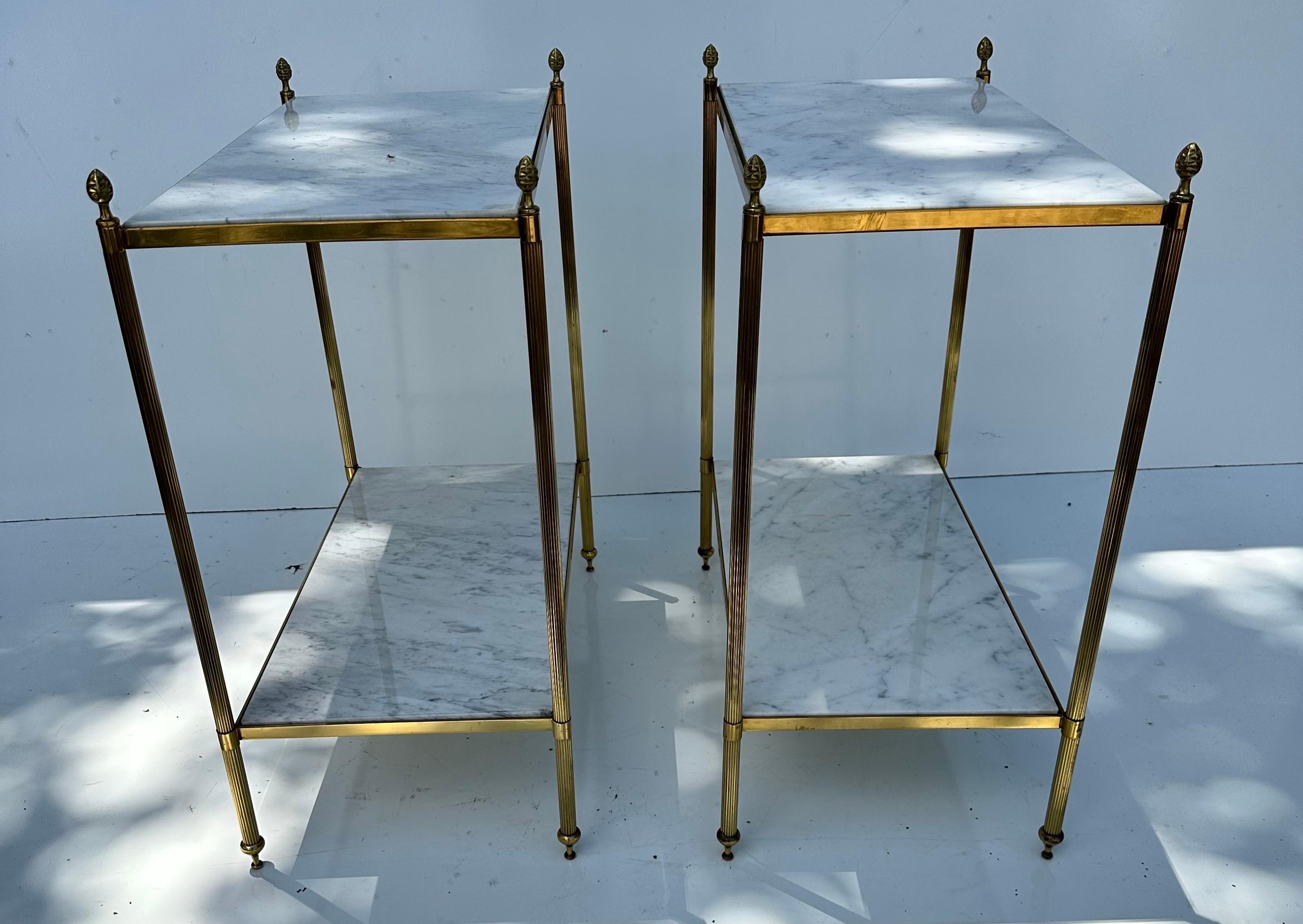 Pair of Maison Jansen Brass and Carrara Marble side table .
