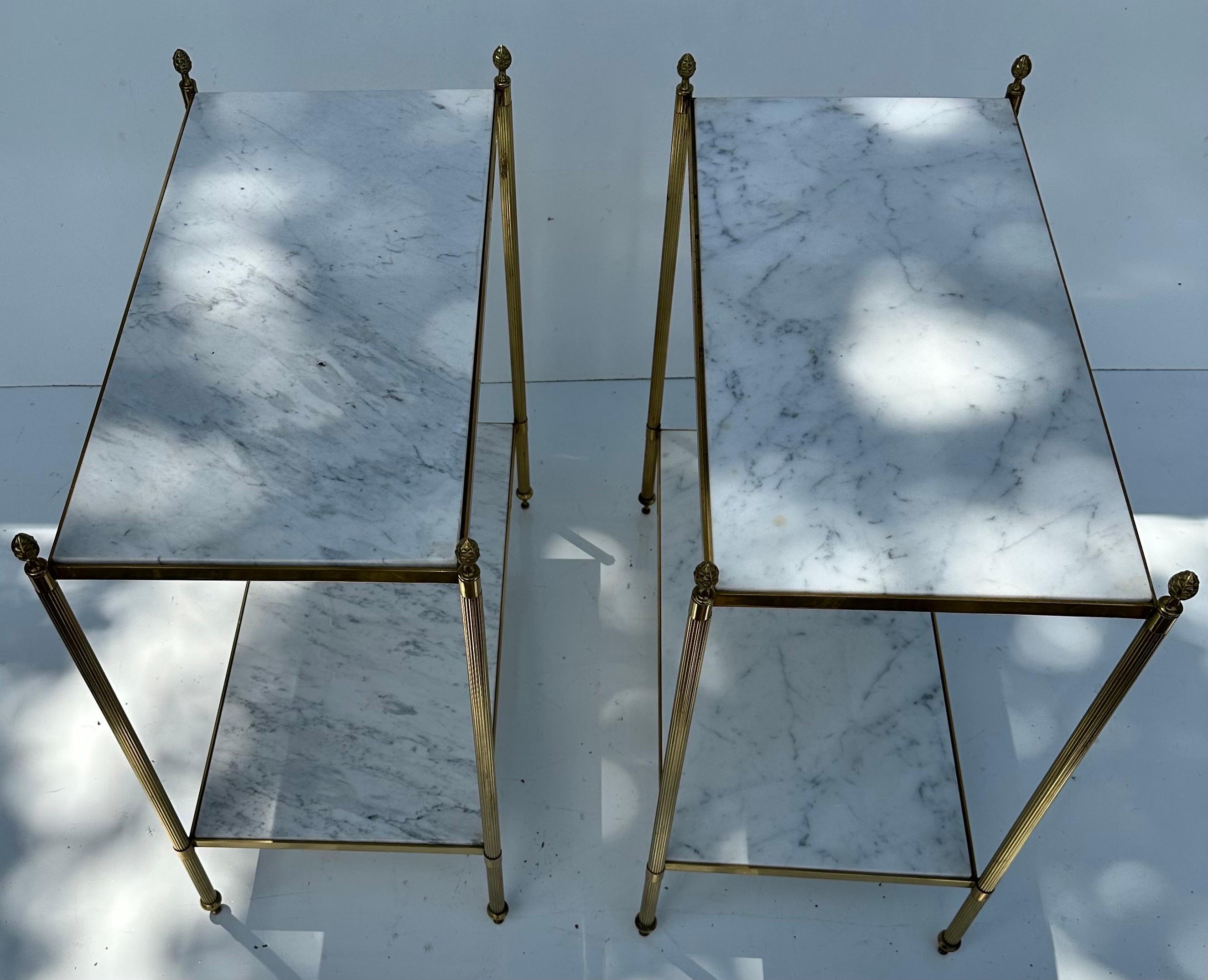 French Pair of Maison Jansen Brass and Carrara Marble Side Table  For Sale