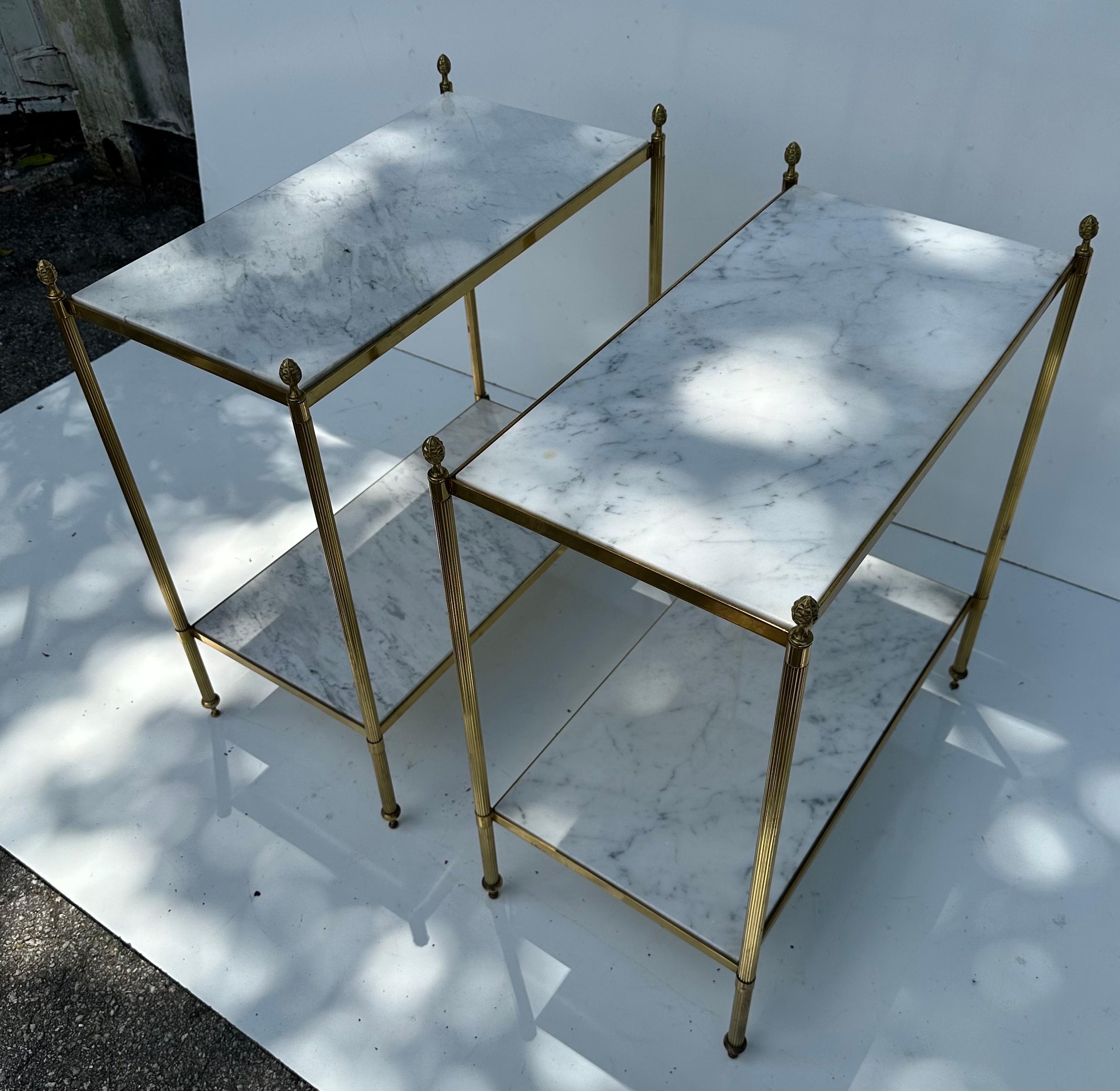 Pair of Maison Jansen Brass and Carrara Marble Side Table  For Sale 1