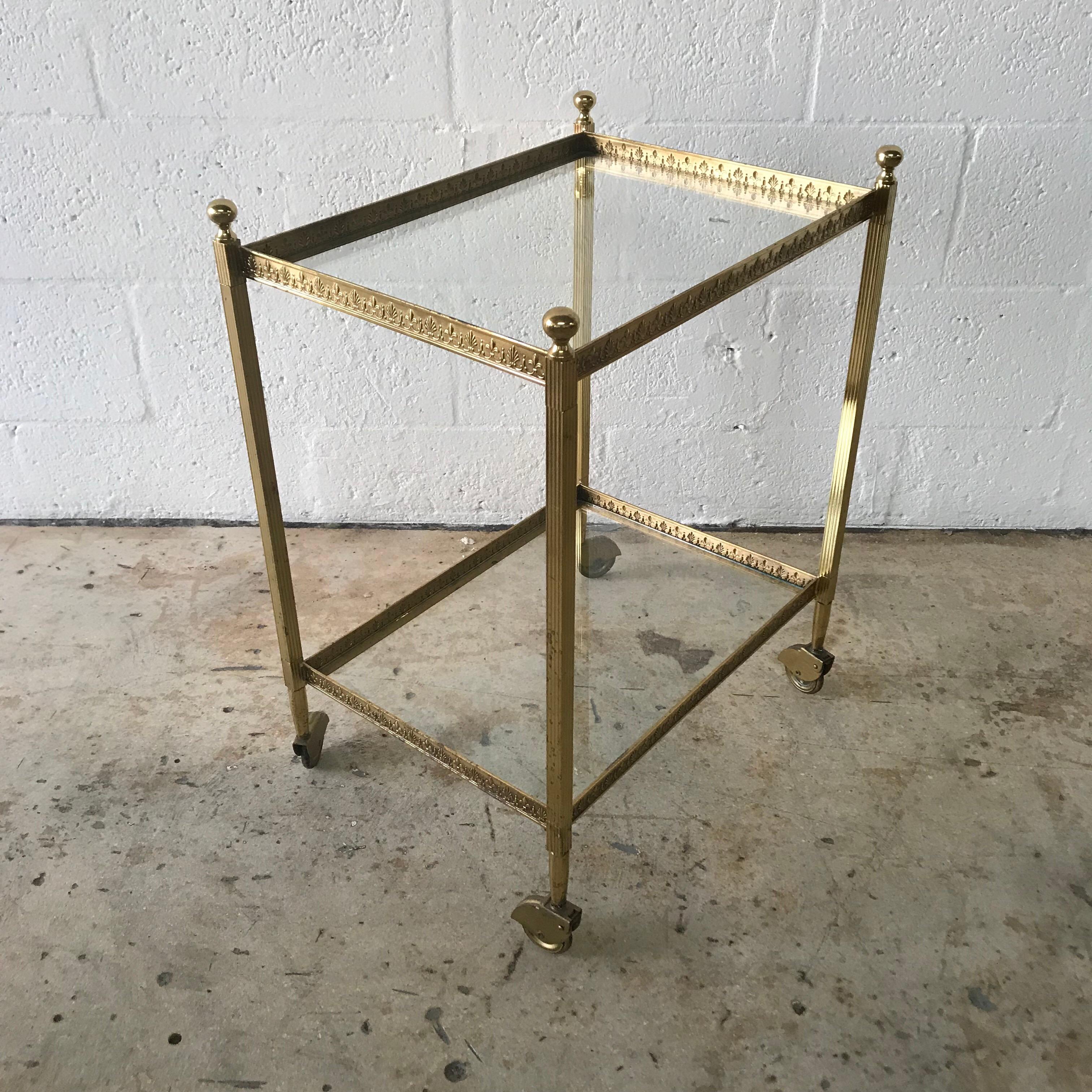 Pair of Maison Jansen Brass and Glass Two-Tier Rolling Occasional Tables or Cart (Französisch)