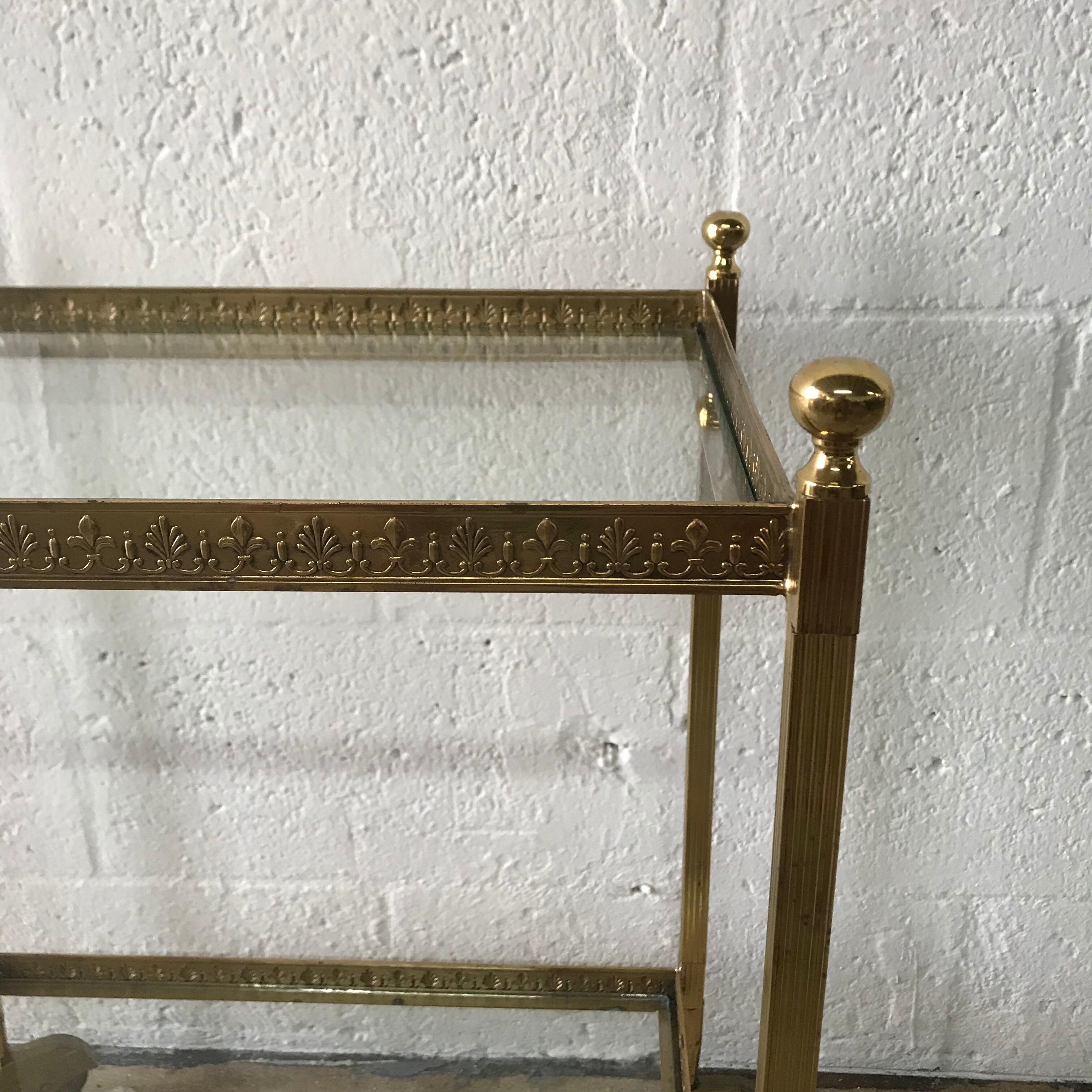 Pair of Maison Jansen Brass and Glass Two-Tier Rolling Occasional Tables or Cart 1