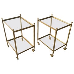 Pair of Maison Jansen Brass and Glass Two-Tier Rolling Occasional Tables or Cart