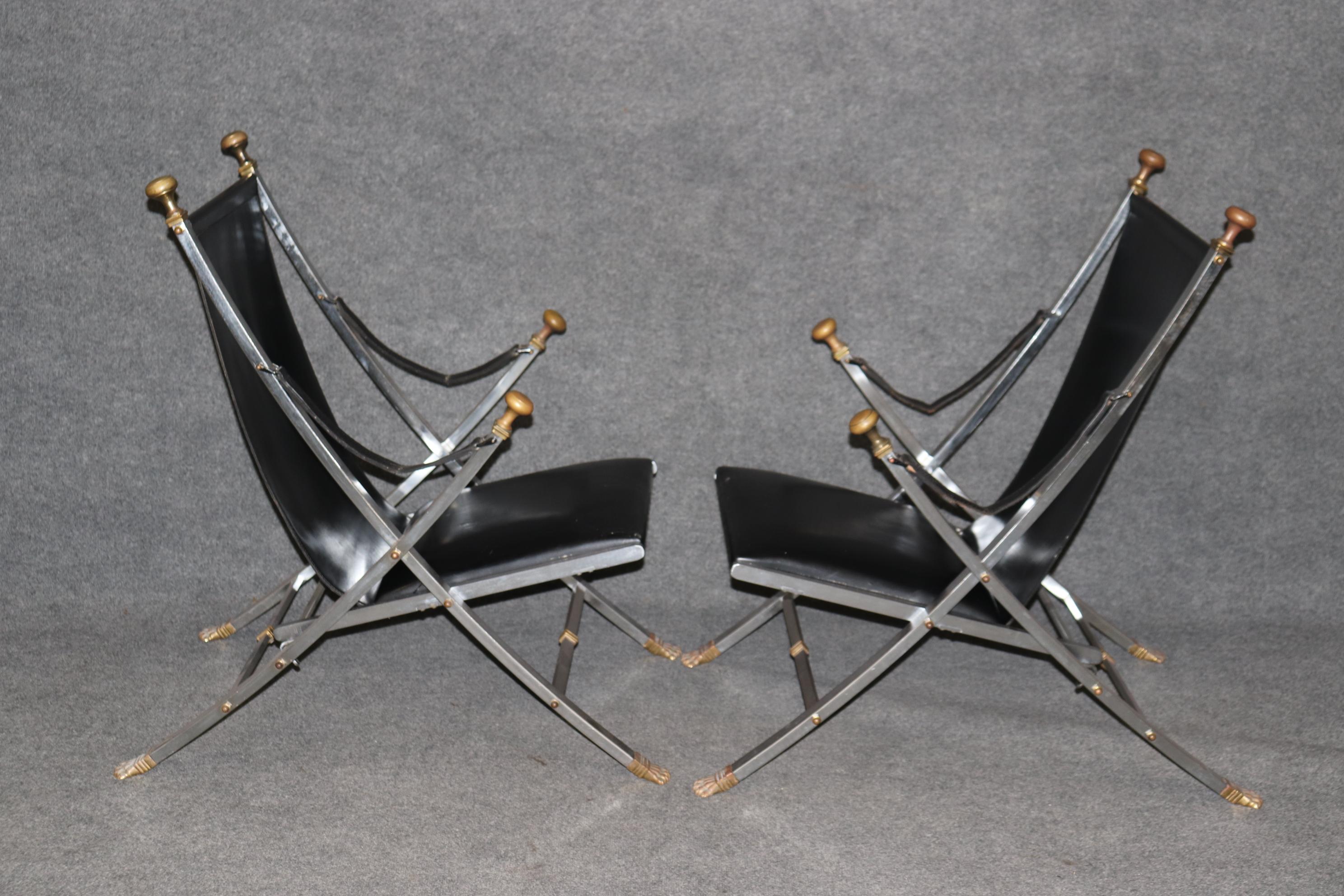 French Pair of Maison Jansen Brass and Steel Paw Footed Campaign Chairs  For Sale