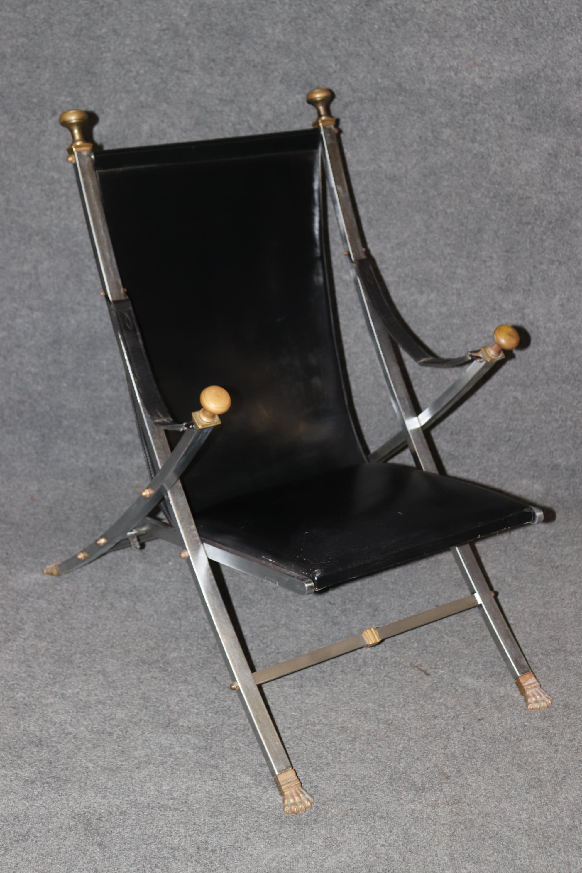 Mid-20th Century Pair of Maison Jansen Brass and Steel Paw Footed Campaign Chairs  For Sale