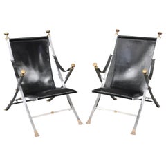 Retro Pair of Maison Jansen Brass and Steel Paw Footed Campaign Chairs 
