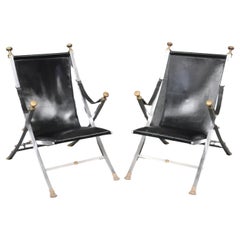 Pair of Brass and Steel Paw Footed Campaign Chairs, attributed to Maison Jansen