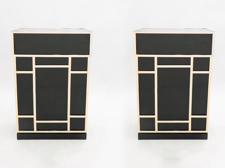 Mid-Century Modern Pair of Maison Jansen Brass Black Lacquered Dry Bar Elements, 1970s For Sale