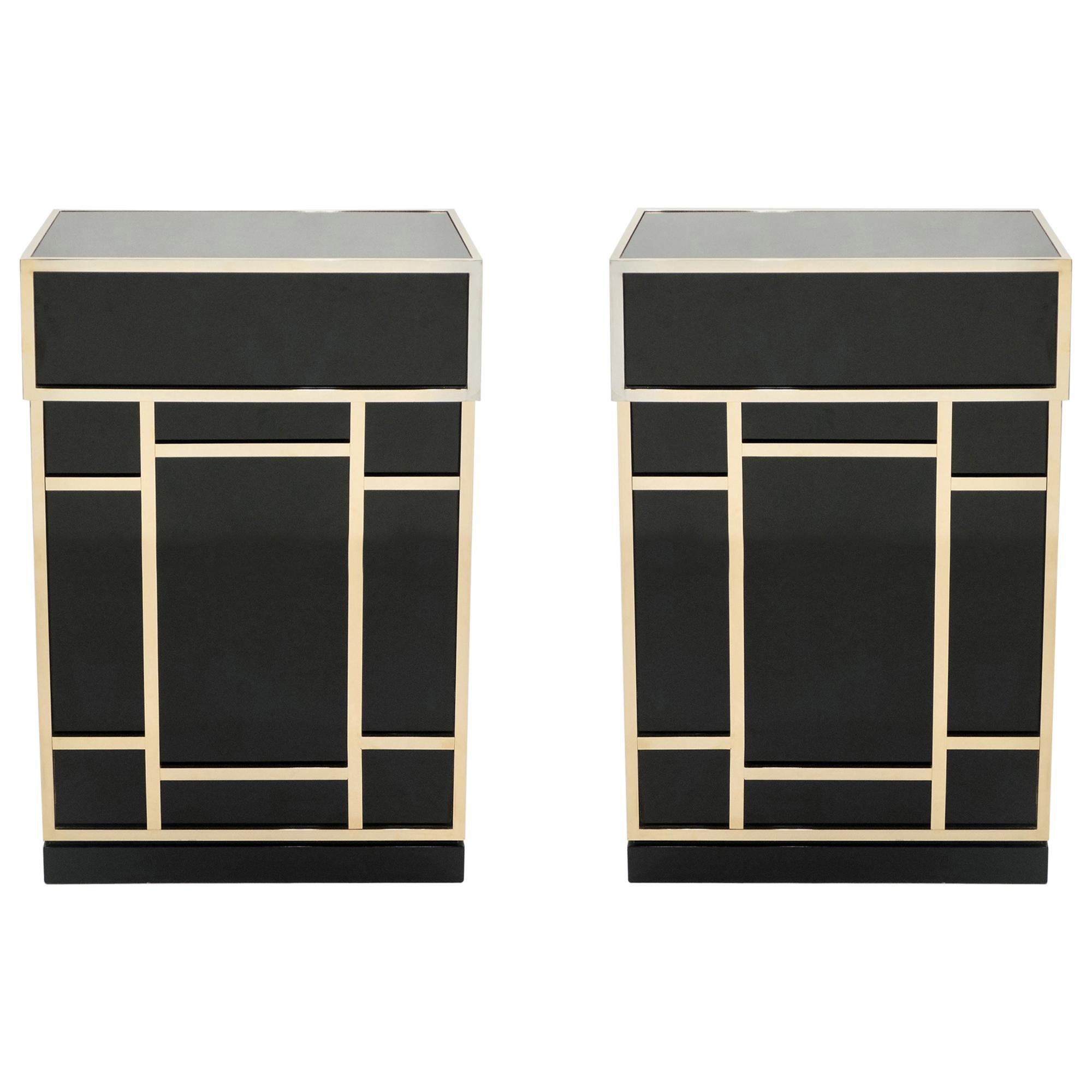 Pair of Maison Jansen Brass Black Lacquered Dry Bar Elements, 1970s For Sale