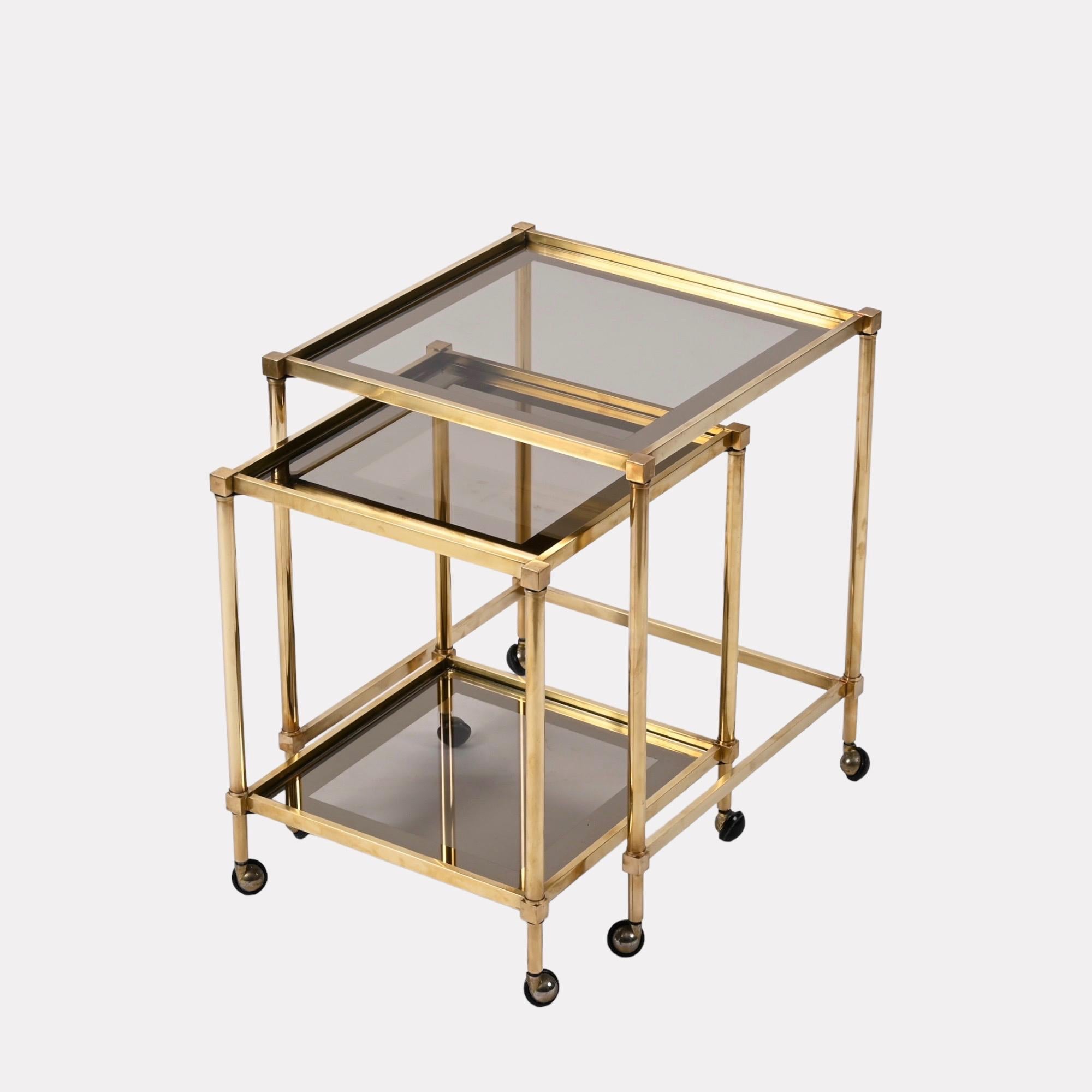 Pair of Maison Jansen Brass Mirrored Border Nesting Tables with Glass Top, 1970s For Sale 5