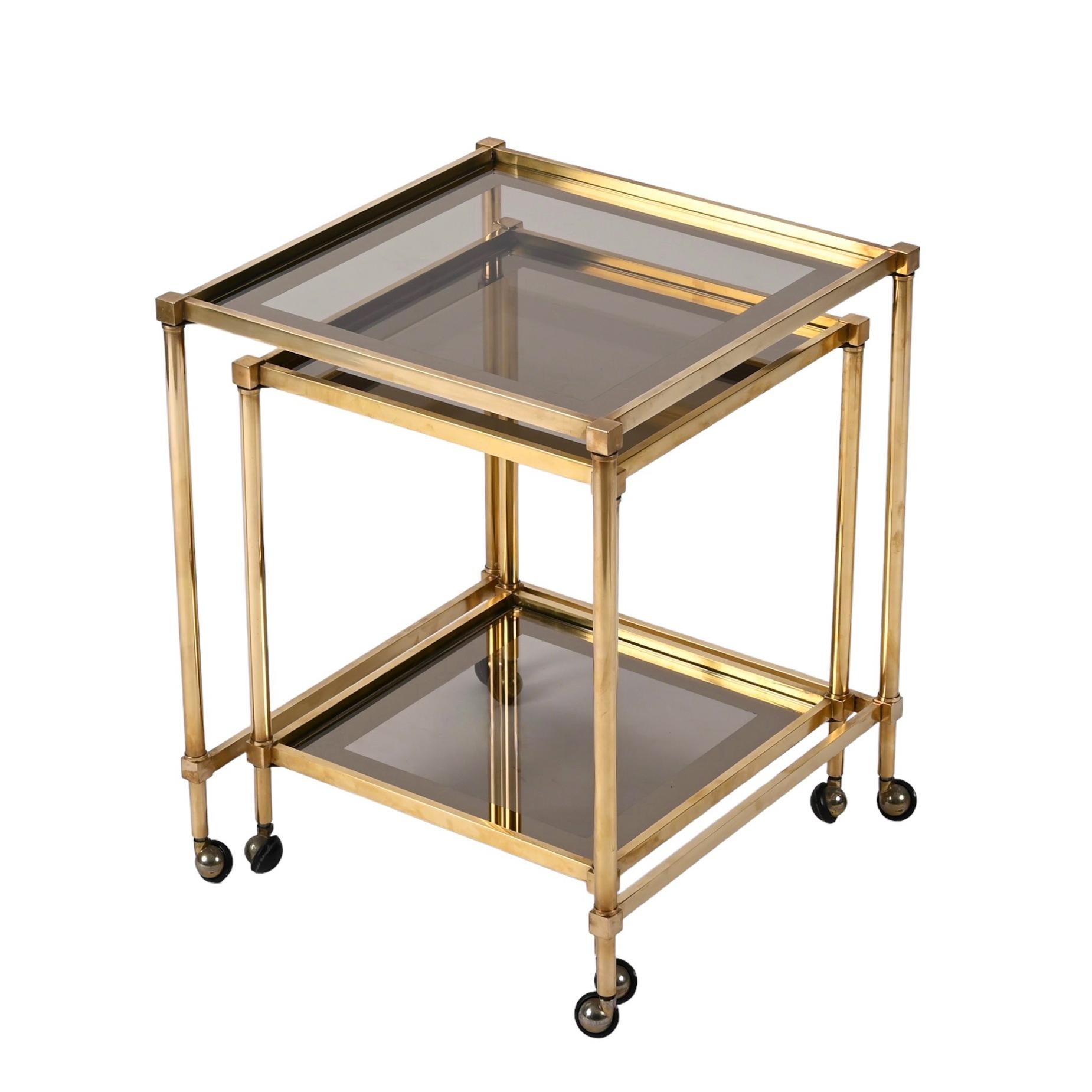 Pair of Maison Jansen Brass Mirrored Border Nesting Tables with Glass Top, 1970s For Sale 6