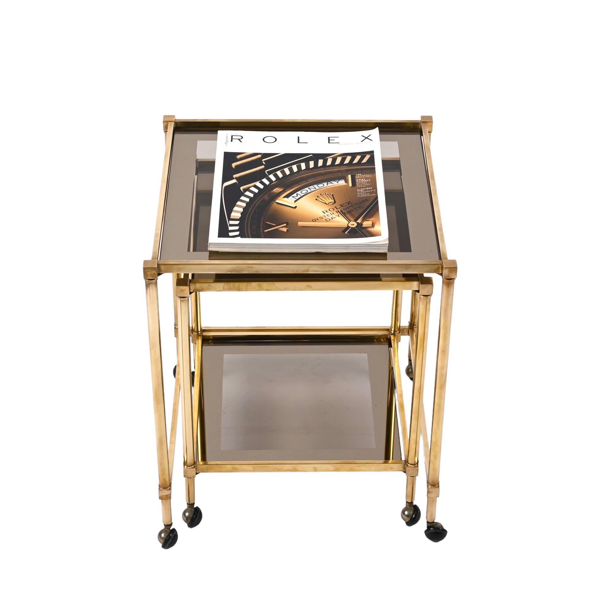 Pair of Jansen Style Brass Mirrored Border Nesting Tables with Glass Top, 1970s For Sale 11