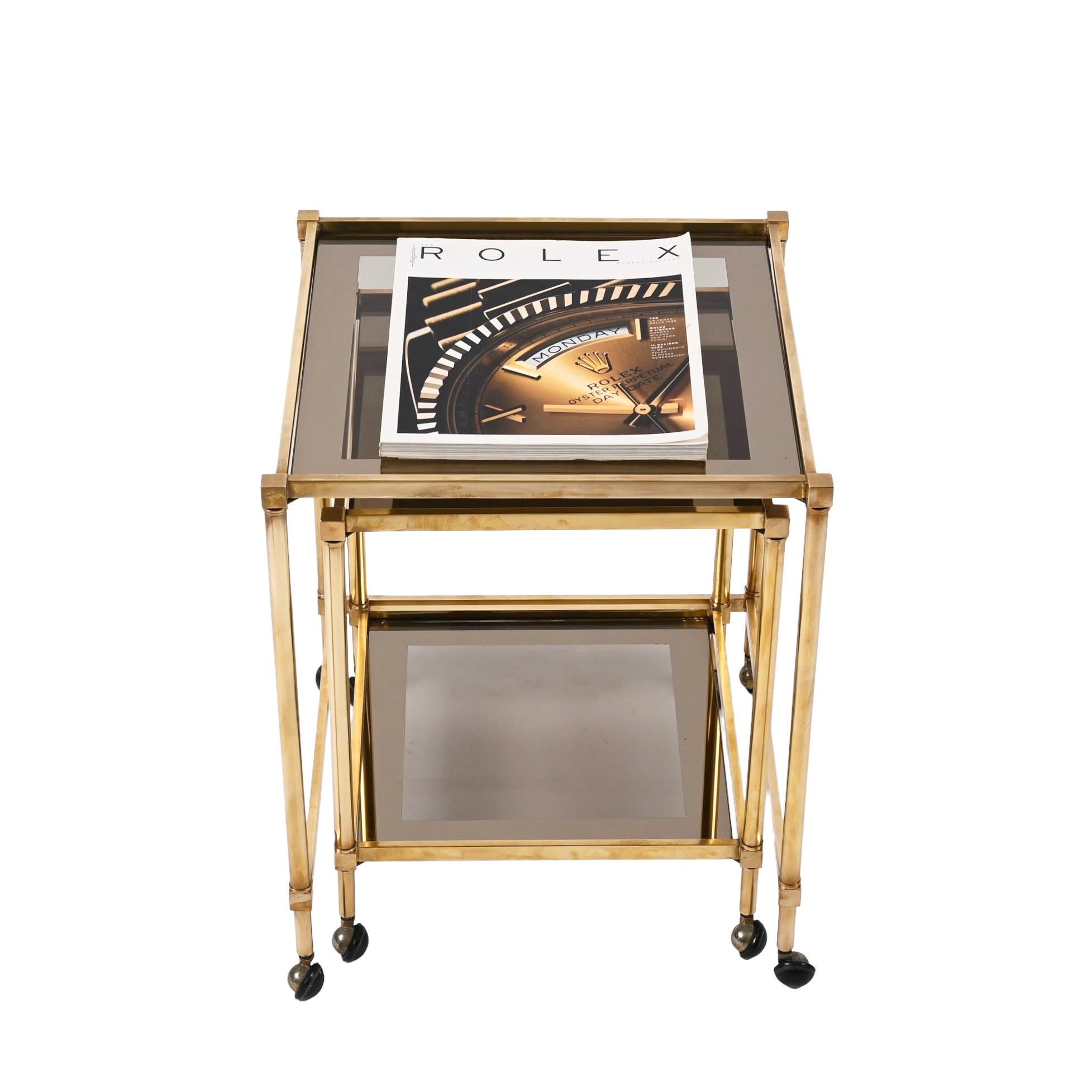 Pair of Maison Jansen Brass Mirrored Border Nesting Tables with Glass Top, 1970s For Sale 12