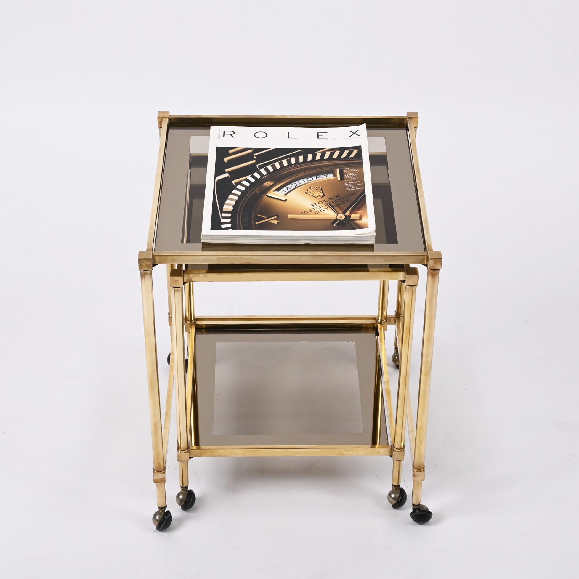 Pair of Maison Jansen Brass Mirrored Border Nesting Tables with Glass Top, 1970s For Sale 2