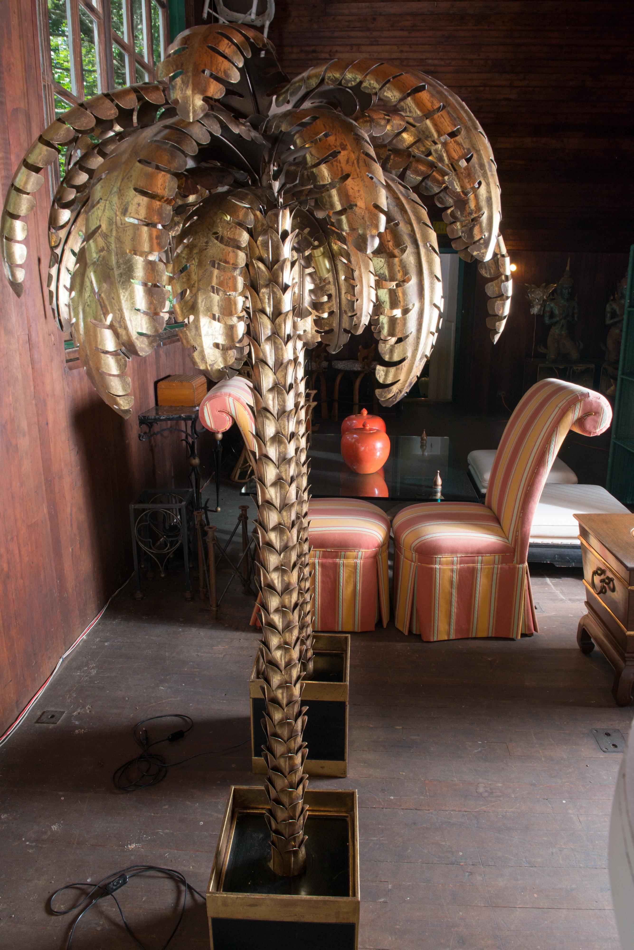 Pair of Maison Jansen Brass Palm Tree Floor Lamps In Good Condition For Sale In Stamford, CT