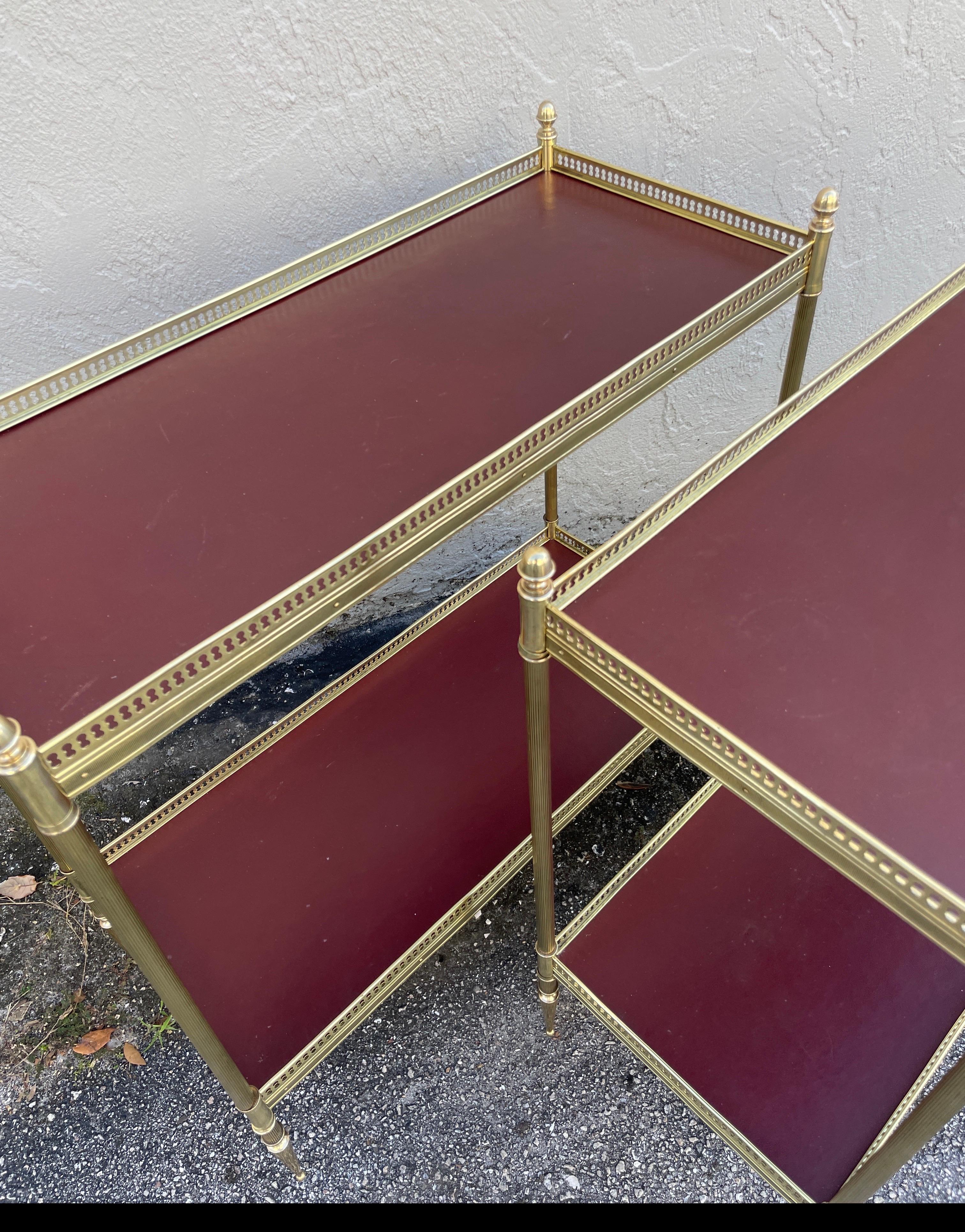 Pair of Maison Jansen Brass & Red Leather Two-Tiered Side Tables 5