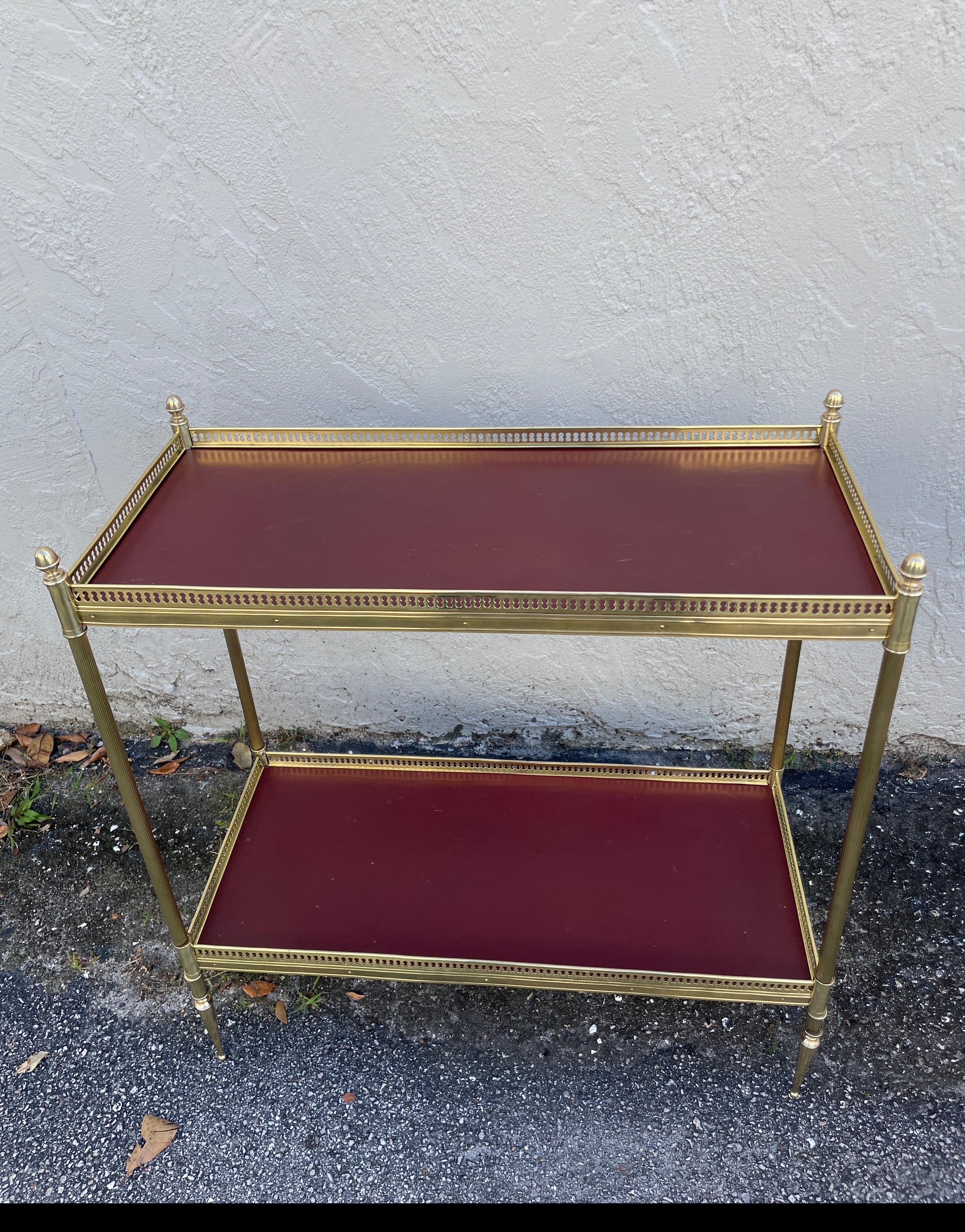 Pair of Maison Jansen Brass & Red Leather Two-Tiered Side Tables 6
