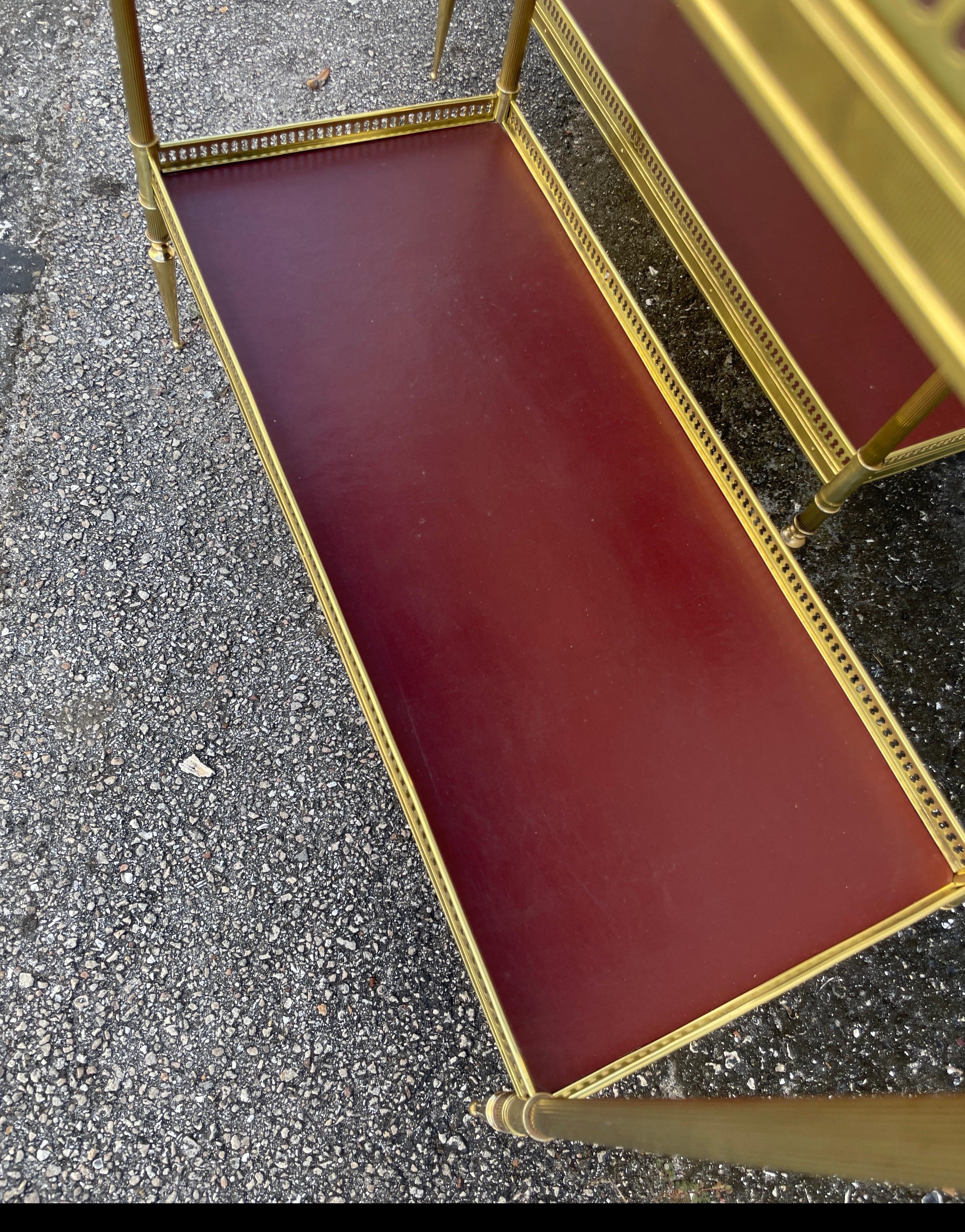 20th Century Pair of Maison Jansen Brass & Red Leather Two-Tiered Side Tables
