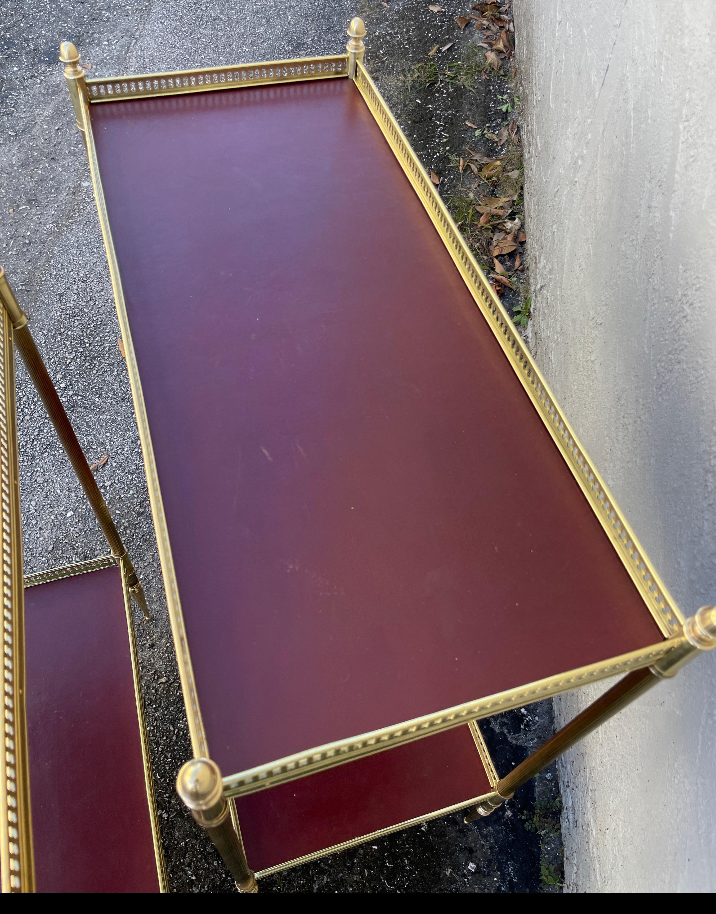 Pair of Maison Jansen Brass & Red Leather Two-Tiered Side Tables 1