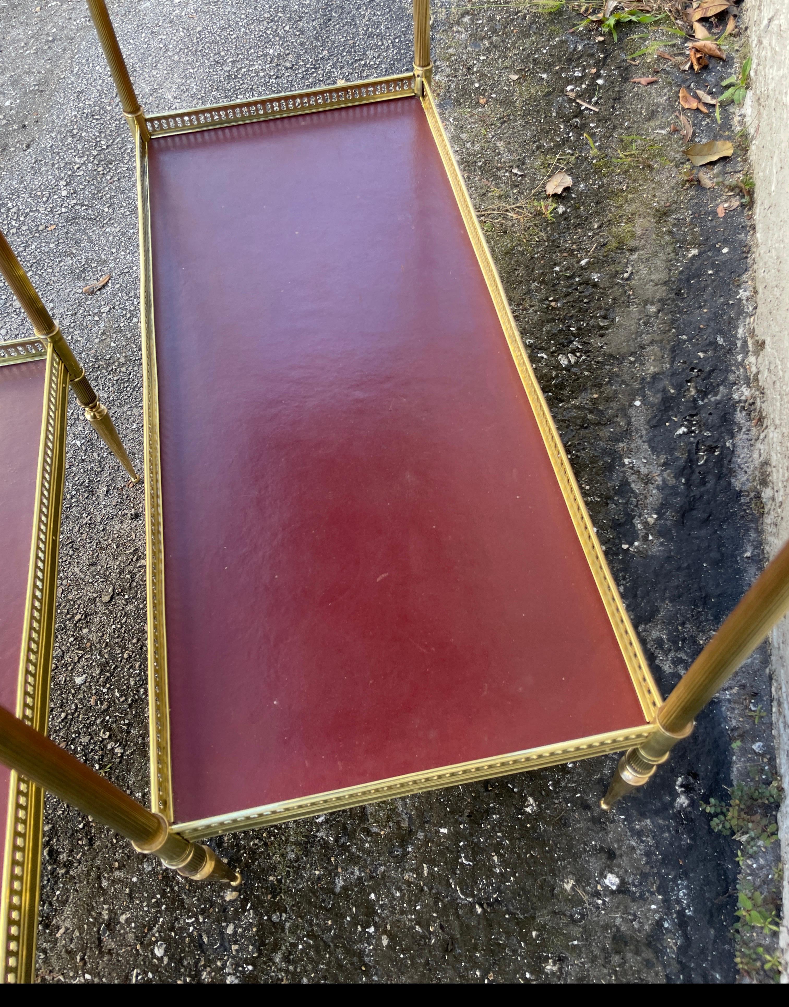 Pair of Maison Jansen Brass & Red Leather Two-Tiered Side Tables 2