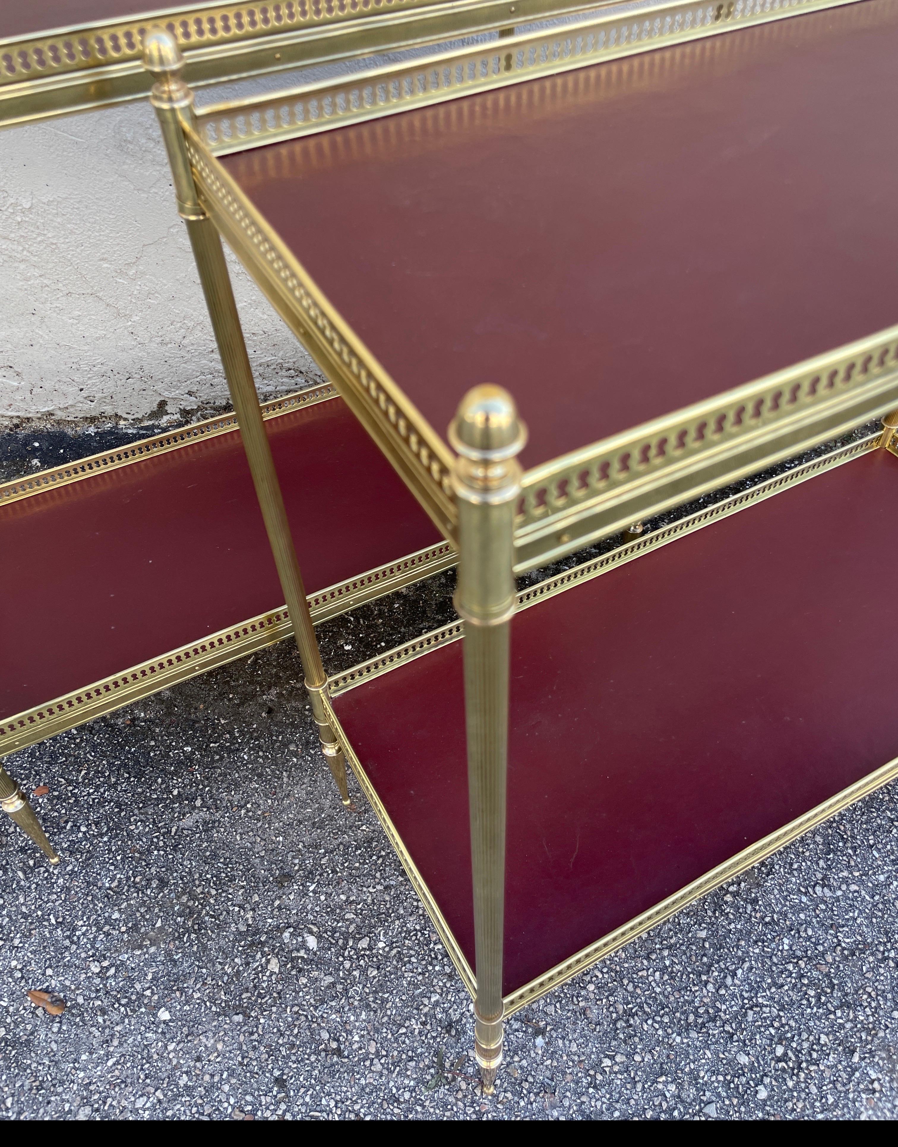Pair of Maison Jansen Brass & Red Leather Two-Tiered Side Tables 3