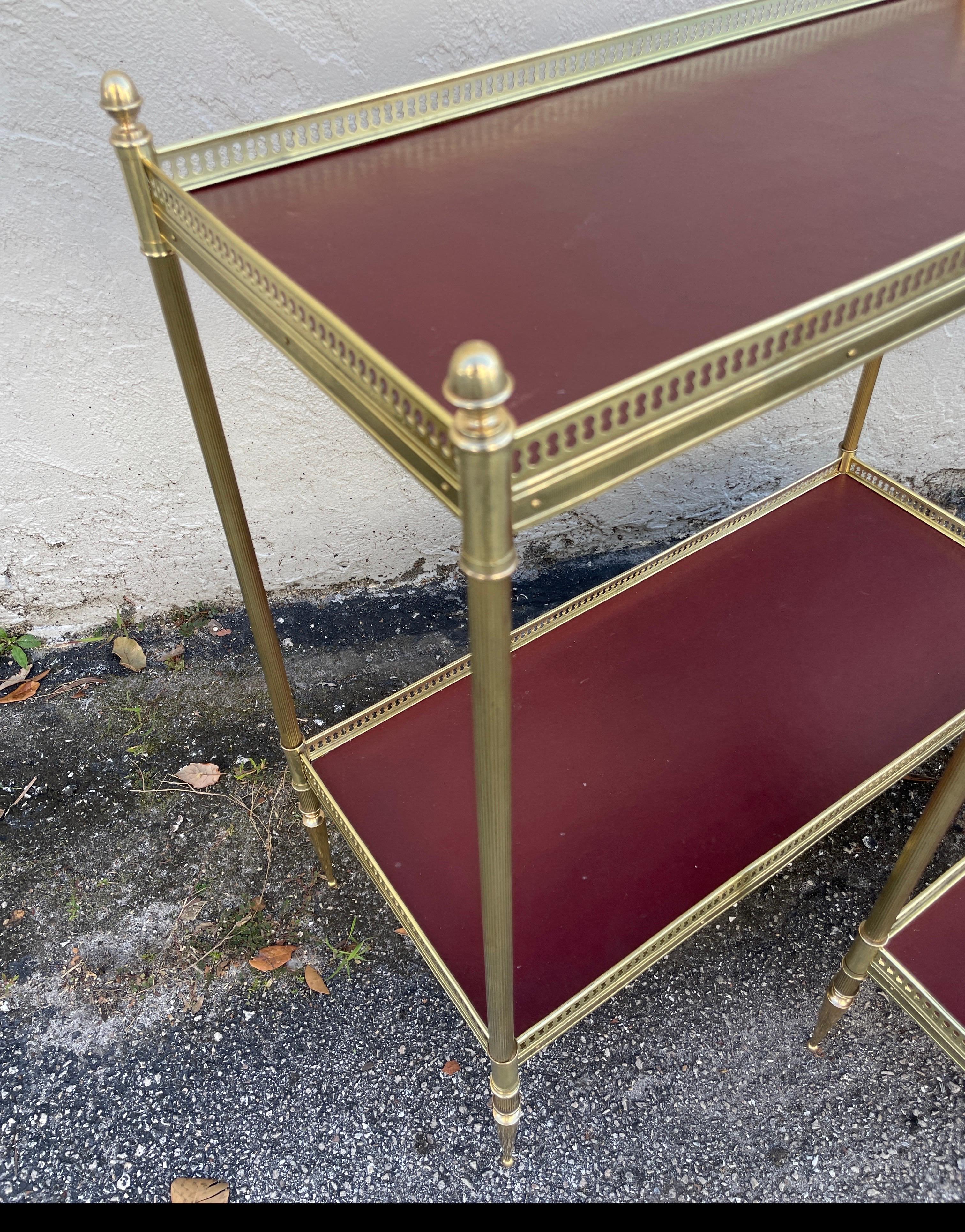 Pair of Maison Jansen Brass & Red Leather Two-Tiered Side Tables 4