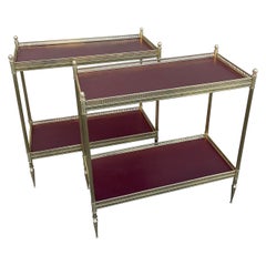Pair of Maison Jansen Brass & Red Leather Two-Tiered Side Tables