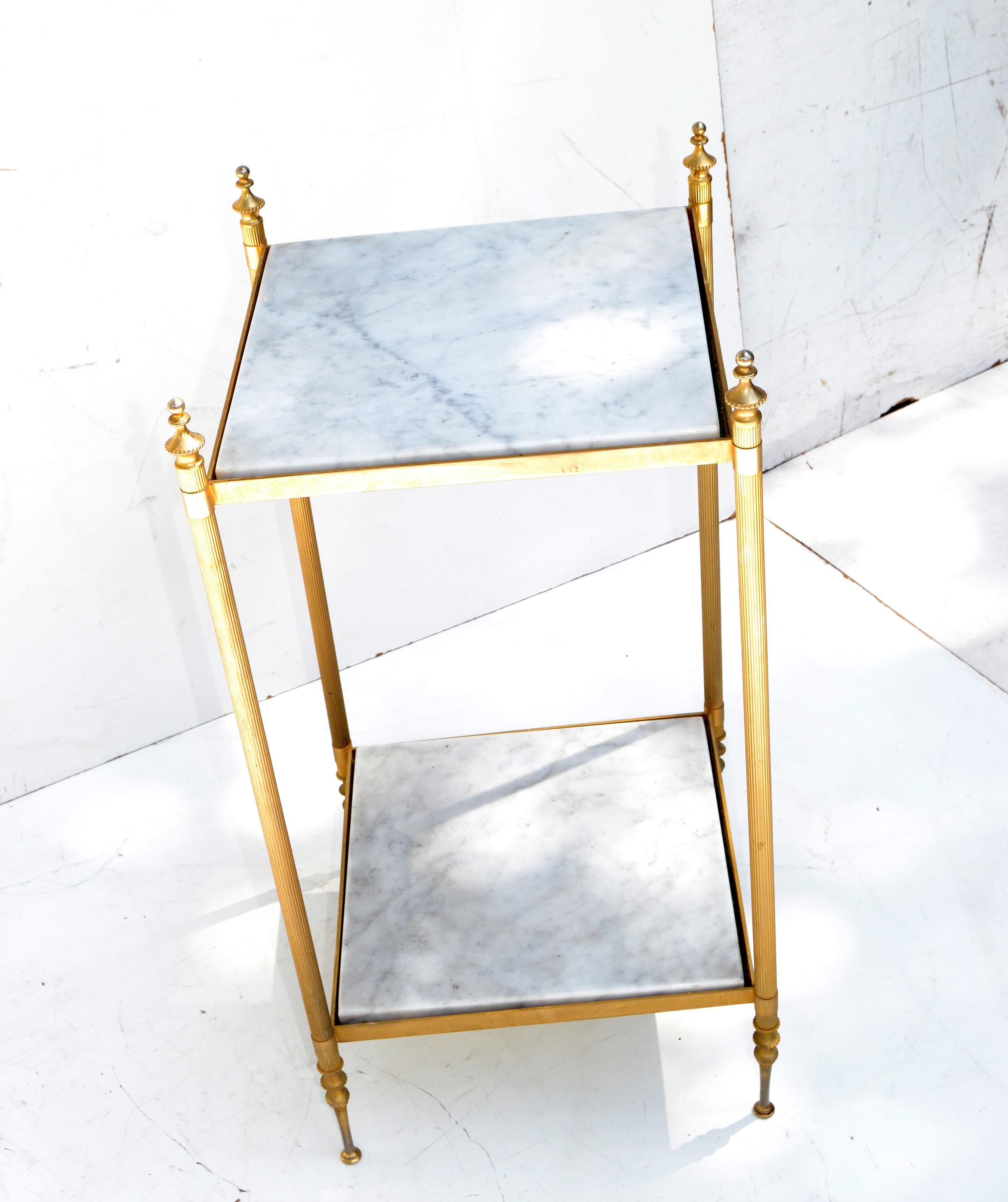 Patinated Pair of Maison Jansen Bronze and White Marble Neoclassical Side Table, France