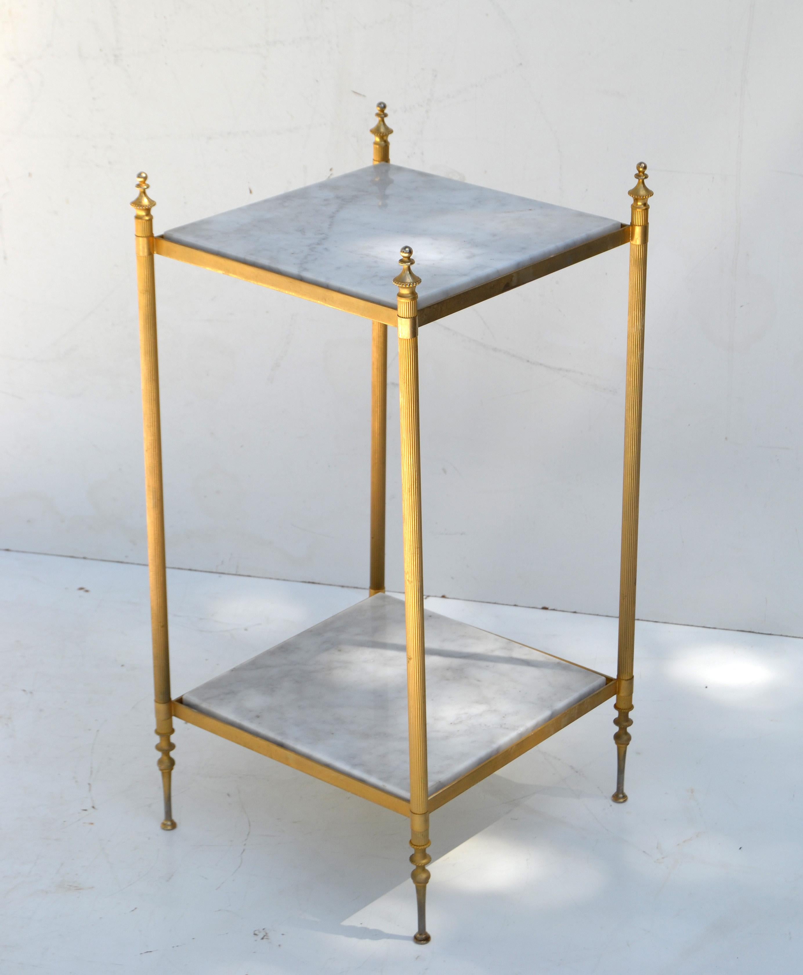 Pair of Maison Jansen Bronze and White Marble Neoclassical Side Table, France 1