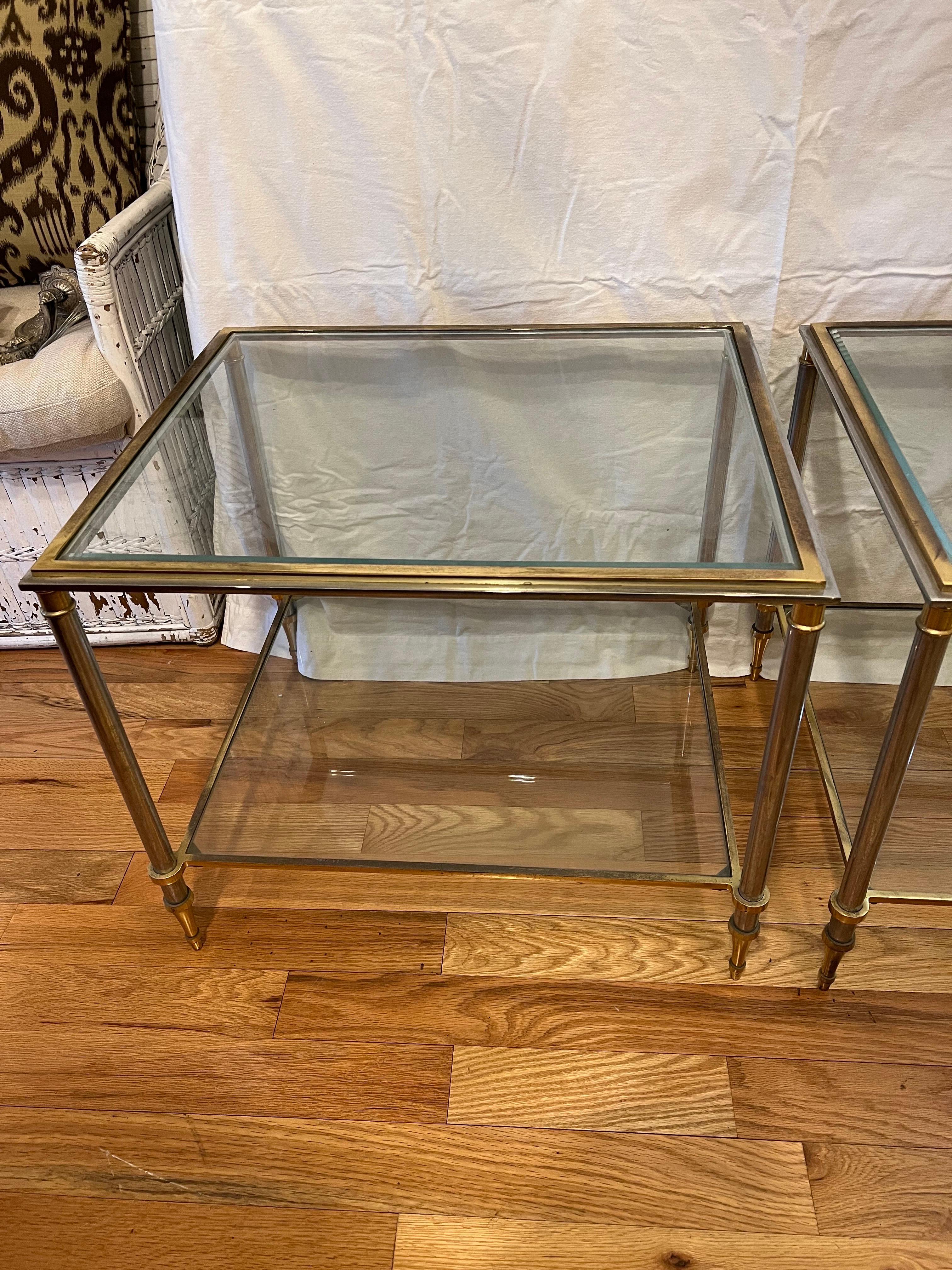 Late 20th Century Pair of Maison Jansen Chrome, Brass and Glass End Tables