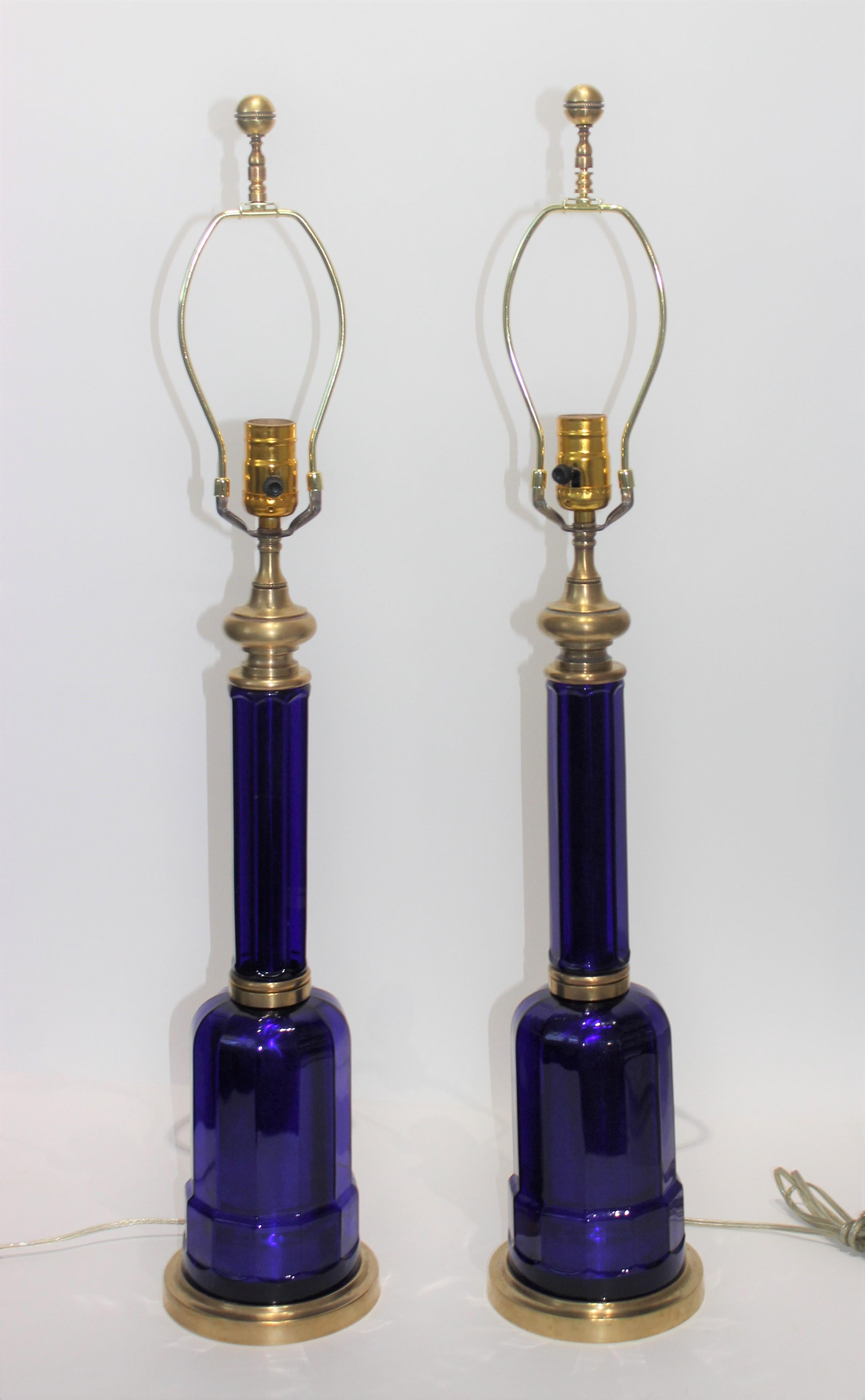 Pair of Maison Jansen Cobalt Blue Glass Table Lamps 7