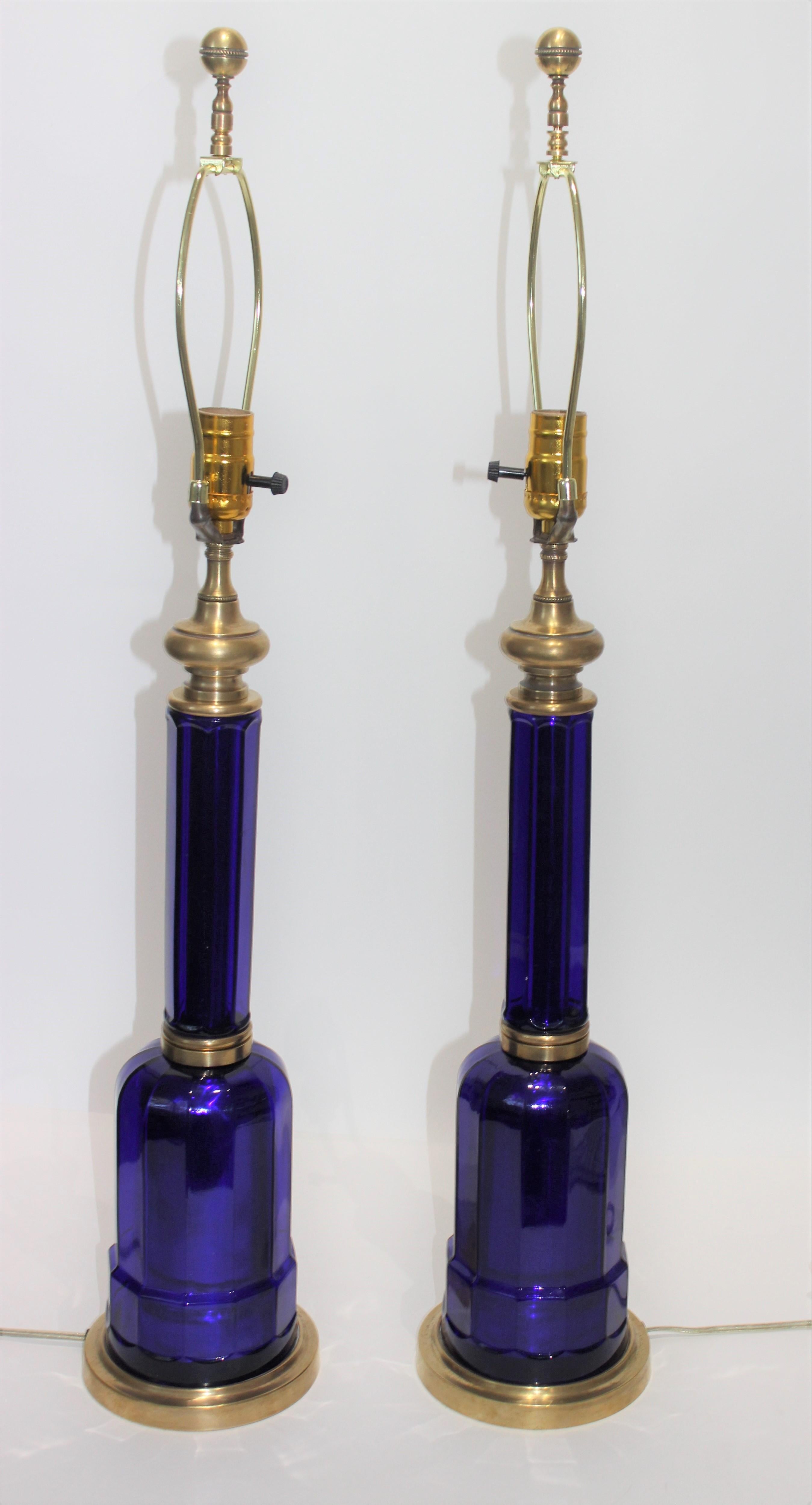 Pair of Maison Jansen Cobalt Blue Glass Table Lamps 8