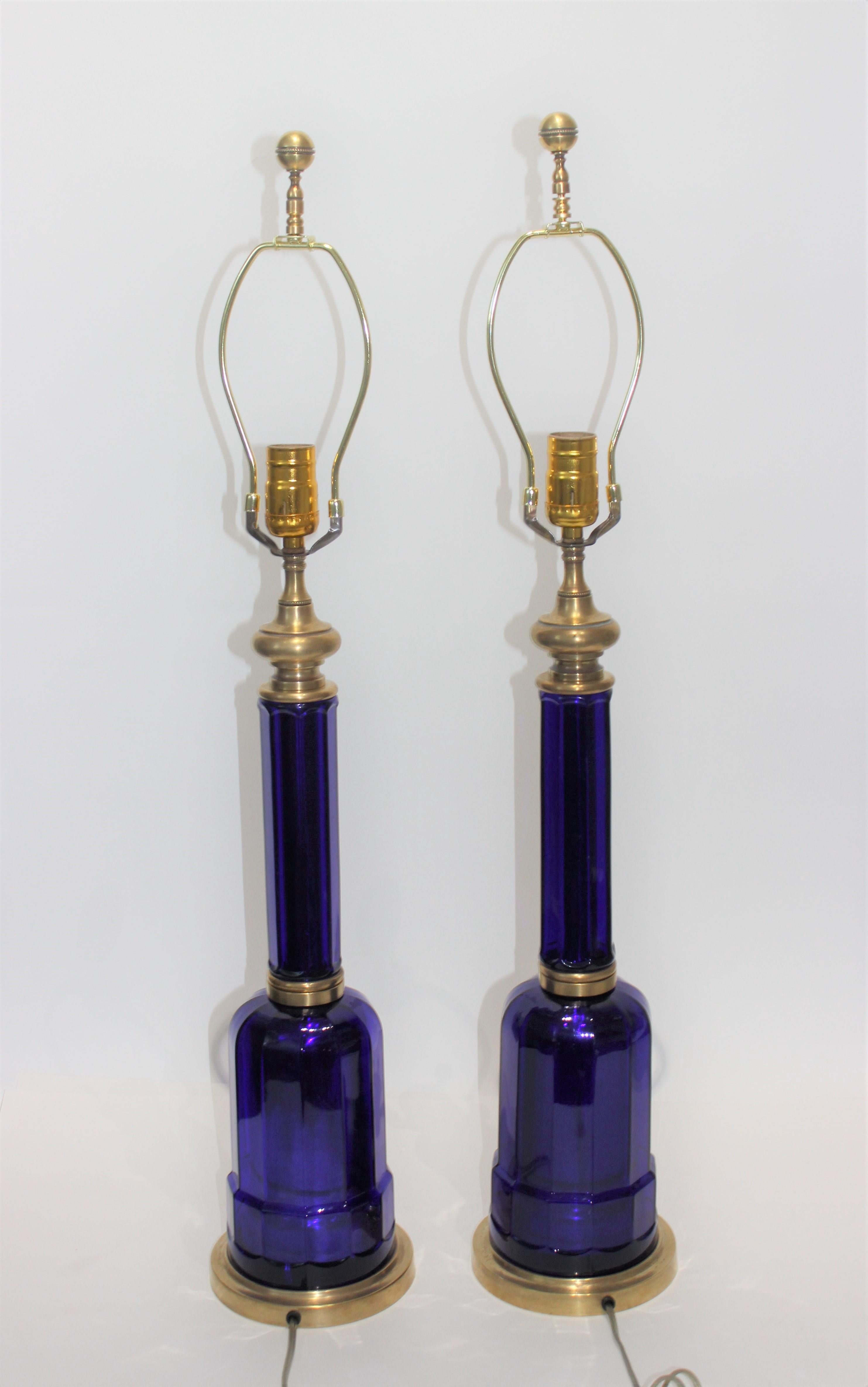 Pair of Maison Jansen Cobalt Blue Glass Table Lamps 9