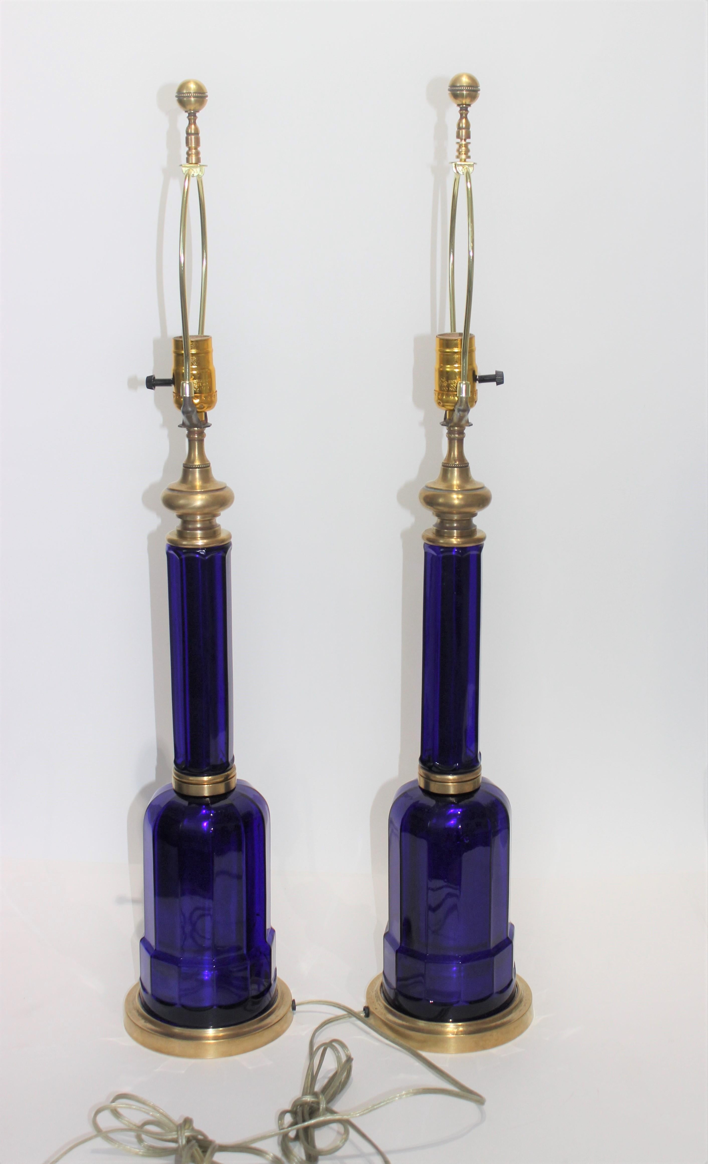 Pair of Maison Jansen Cobalt Blue Glass Table Lamps 10