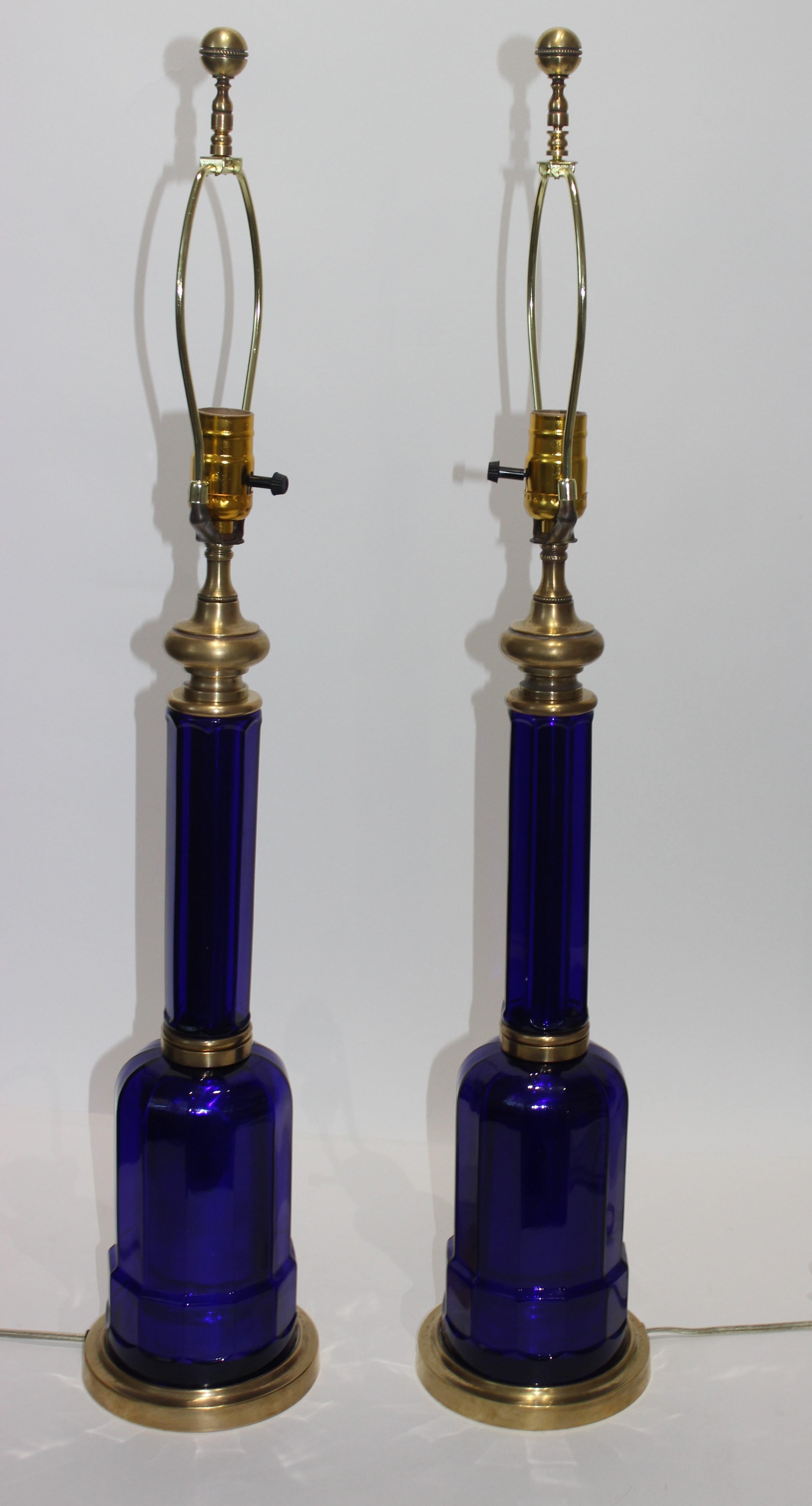 Neoclassical Pair of Maison Jansen Cobalt Blue Glass Table Lamps
