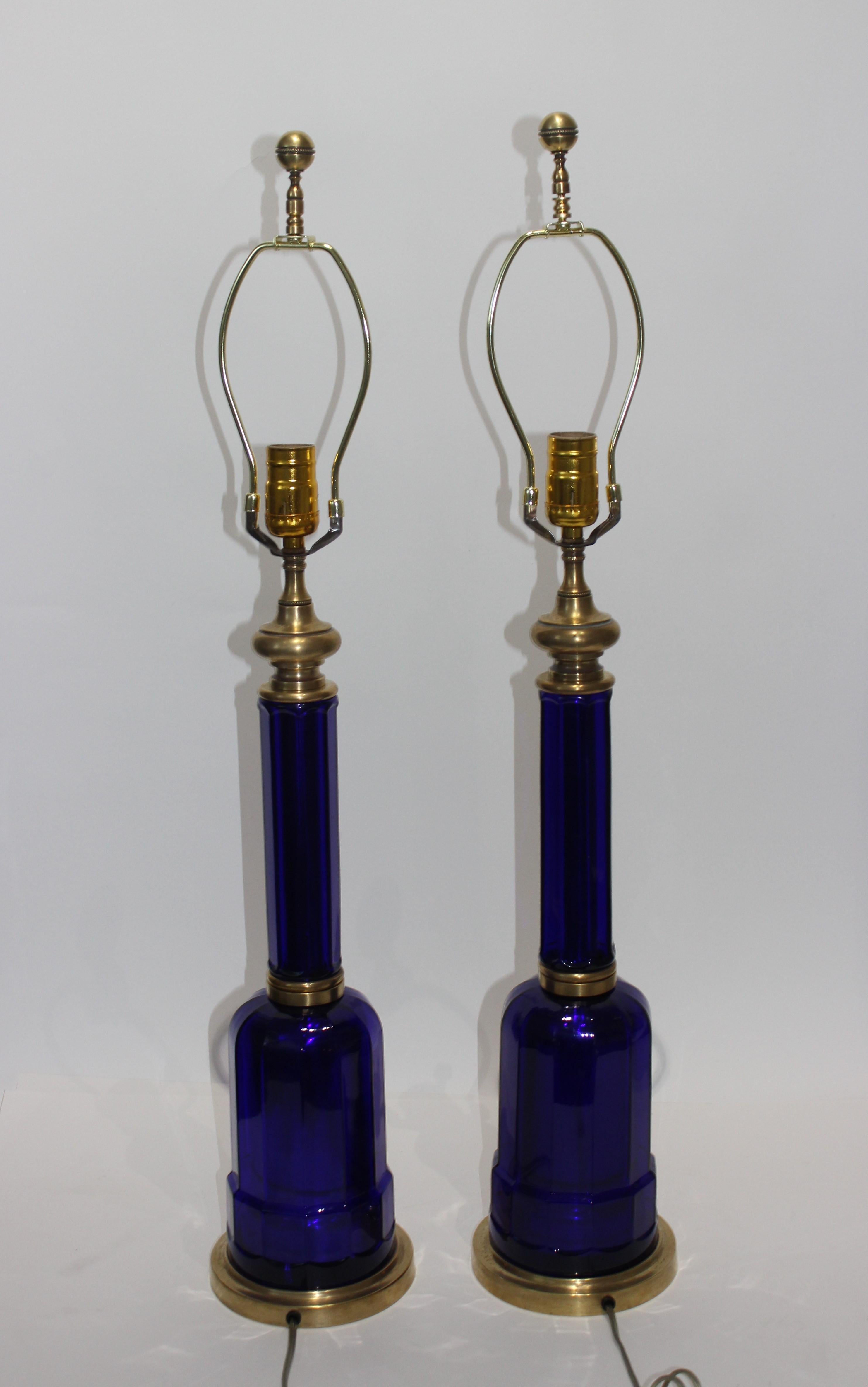 French Pair of Maison Jansen Cobalt Blue Glass Table Lamps