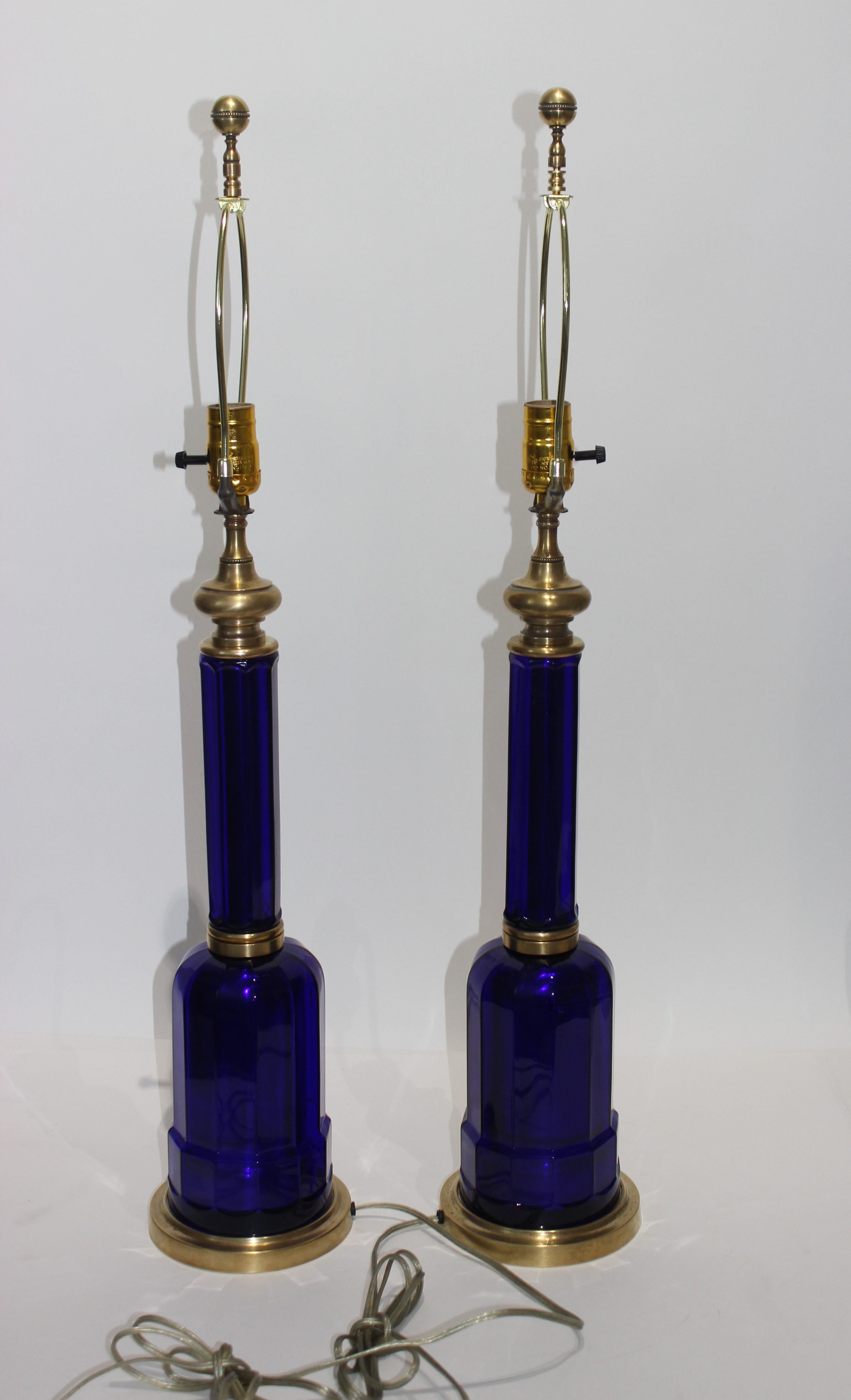 Molded Pair of Maison Jansen Cobalt Blue Glass Table Lamps