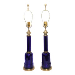 Antique Pair of Maison Jansen Cobalt Blue Glass Table Lamps