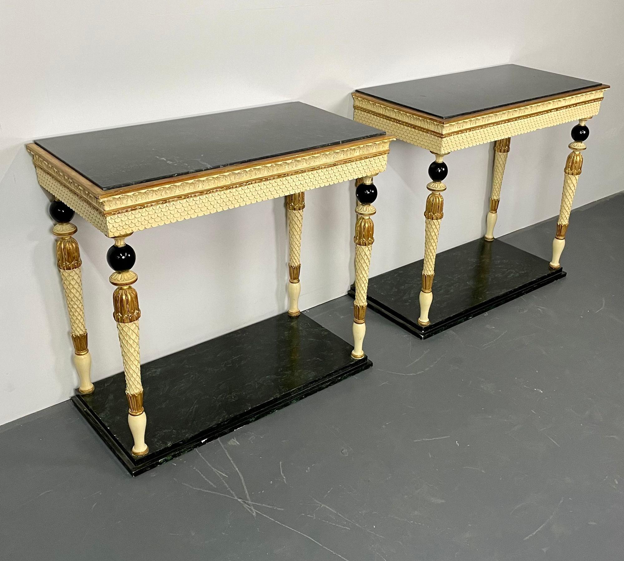 Pair of Maison Jansen console tables, Neoclassical, marble top, paint decorated
Pair of Maison Jansen console tables, Neoclassical, marble top, paint decorated Attributed to Maison Jansen as seen on page 201, of the Jansen Furniture book by James
