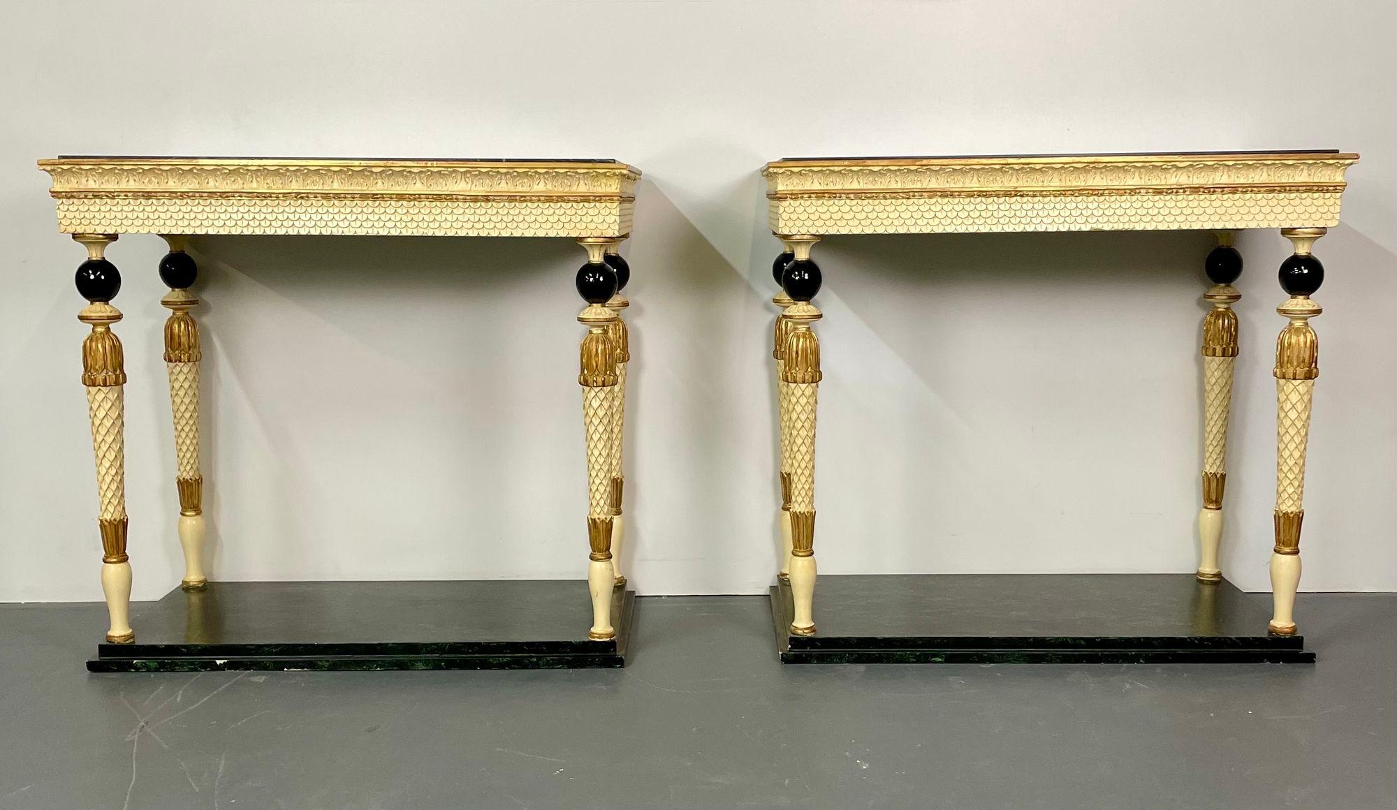 Maison Jansen, Neoclassical, Console Tables, Marble Top, Paint Decorated, 1960s In Good Condition For Sale In Stamford, CT