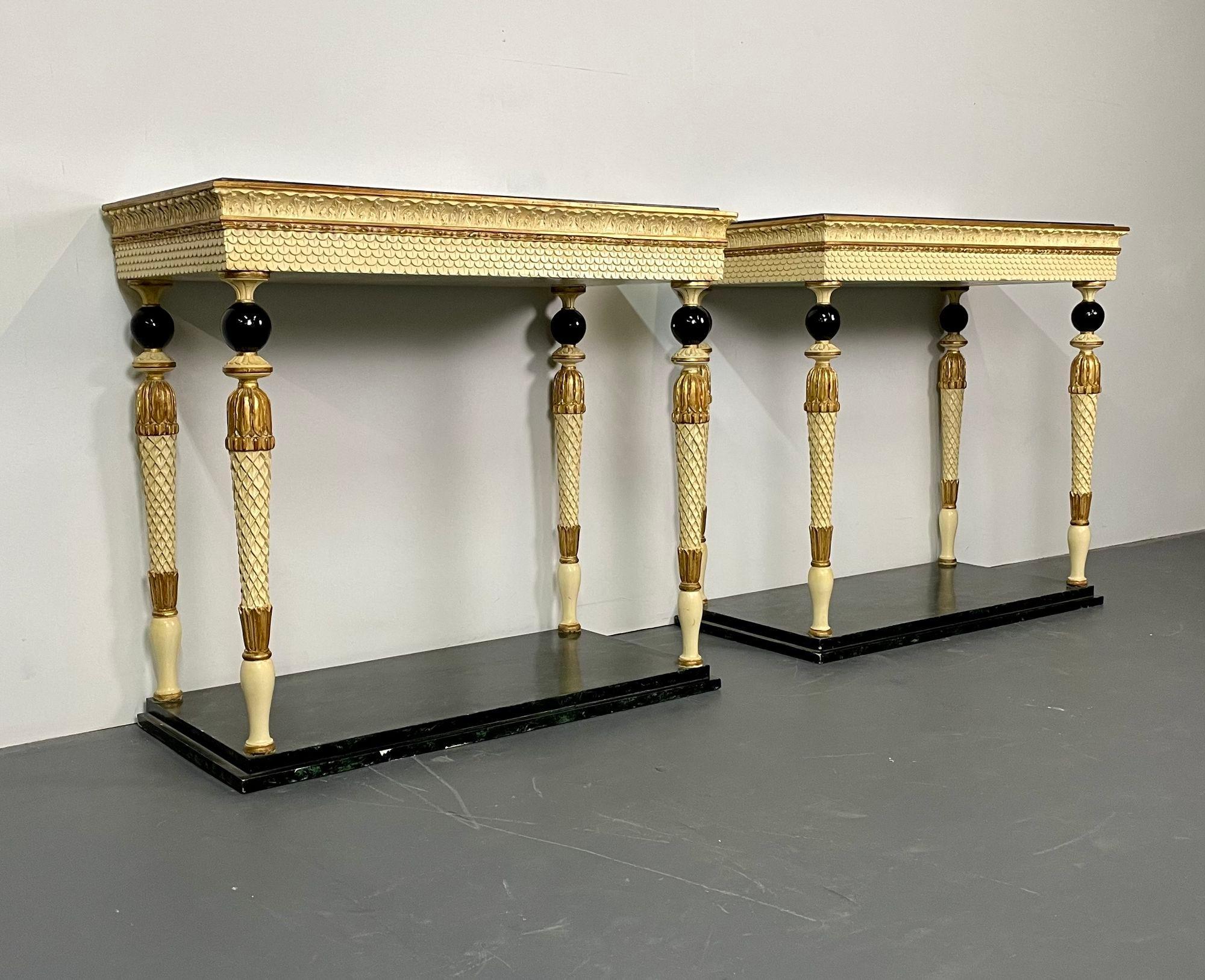 20th Century Maison Jansen, Neoclassical, Console Tables, Marble Top, Paint Decorated, 1960s For Sale