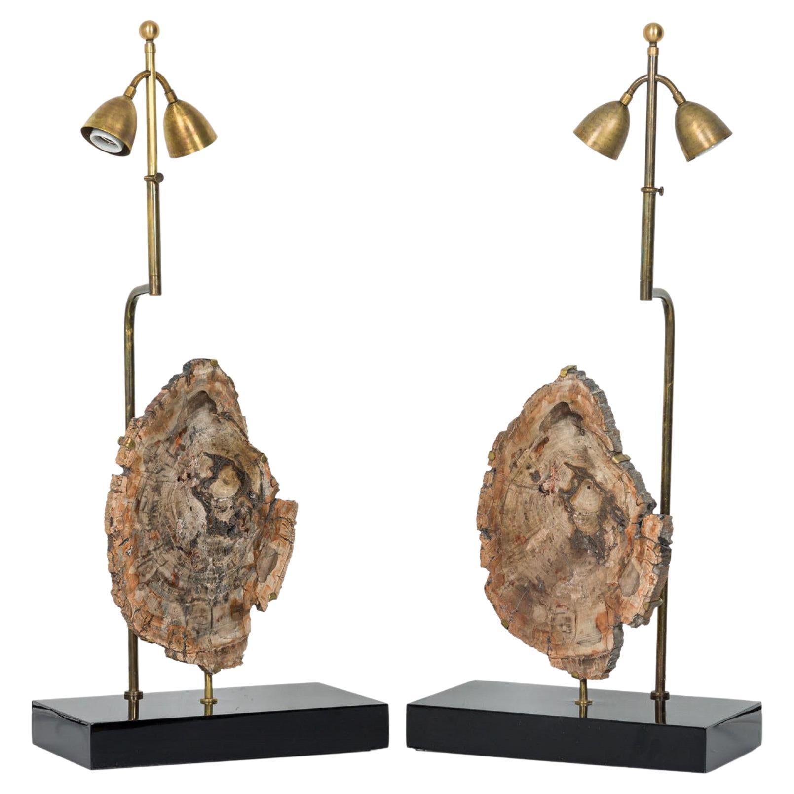 Pair of Maison Jansen French Petrified Wood Table Lamps on Black Lacquered Bases For Sale