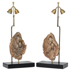 Pair of Maison Jansen French Petrified Wood Table Lamps on Black Lacquered Bases